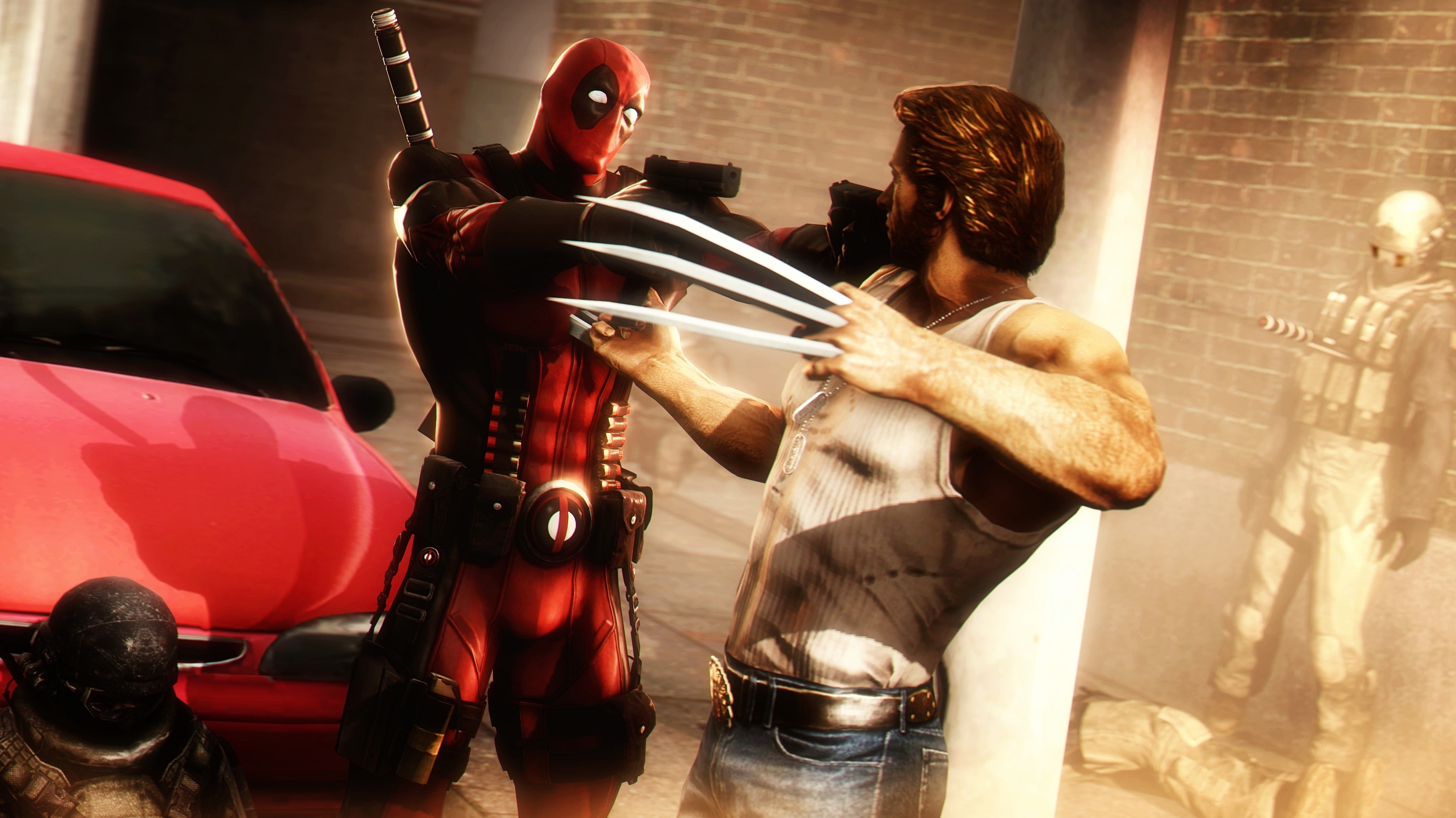 Deadpool and Wolverine fight near a red car HD Wallpaper