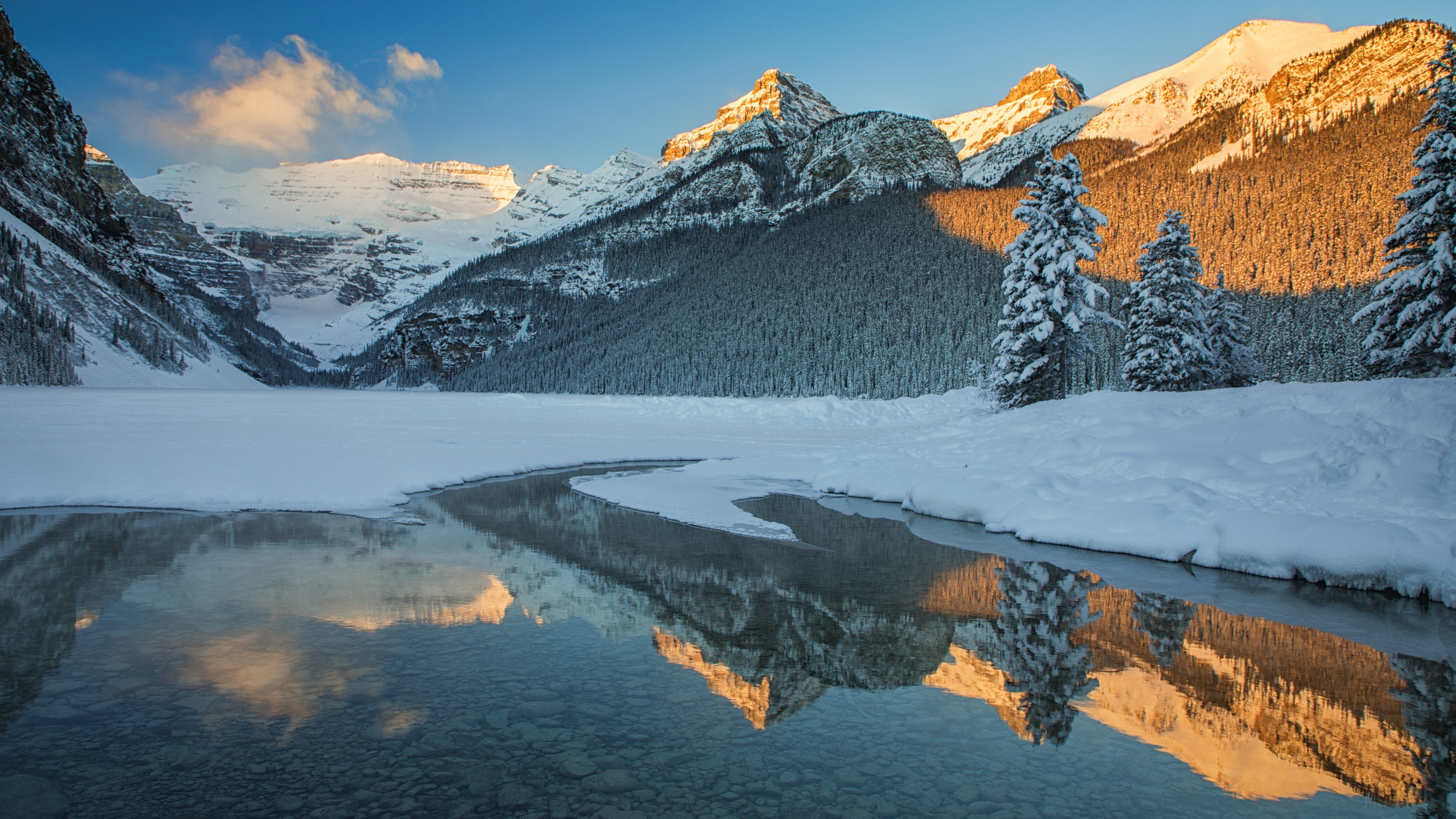 Snowy Mountains and Forest Reflected in Water HD Wallpaper