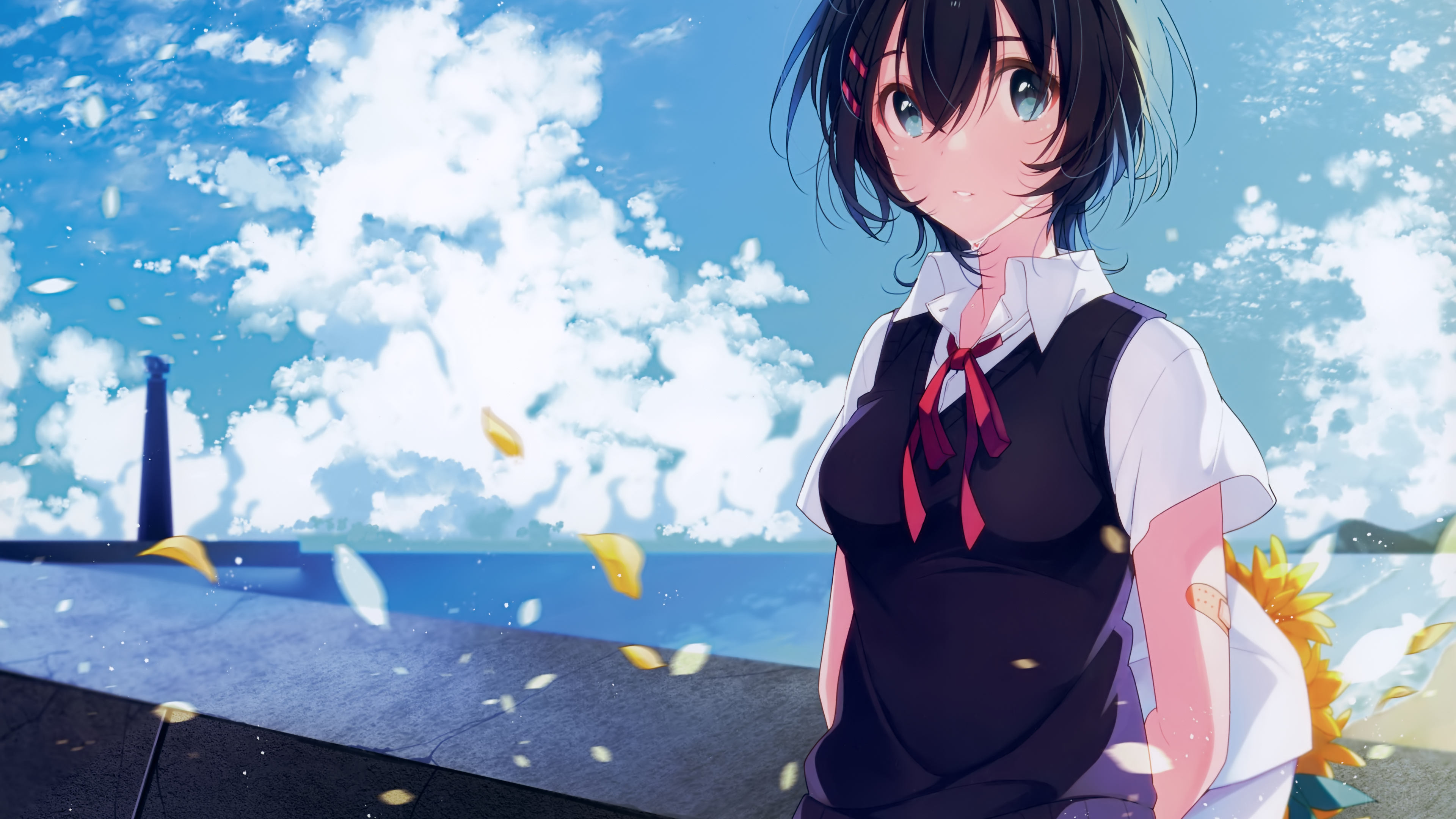 Girl with black hair and red ribbon by the sea HD Wallpaper