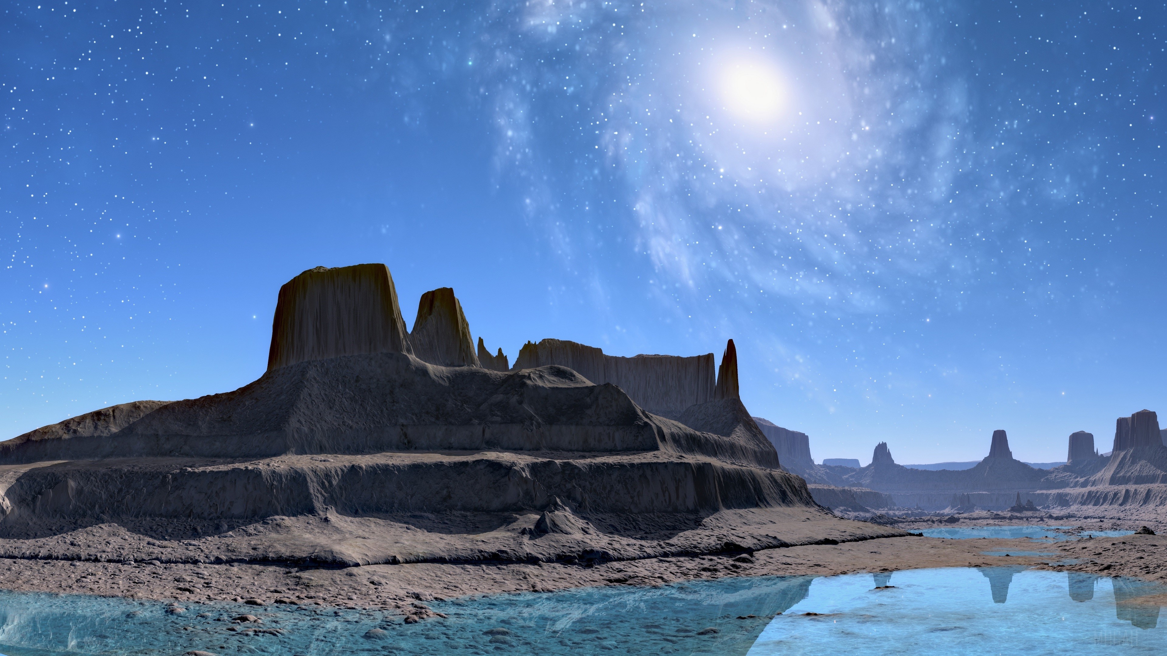 Sci Fi Alien Landscape with Starry Sky and Galaxy HD Wallpaper