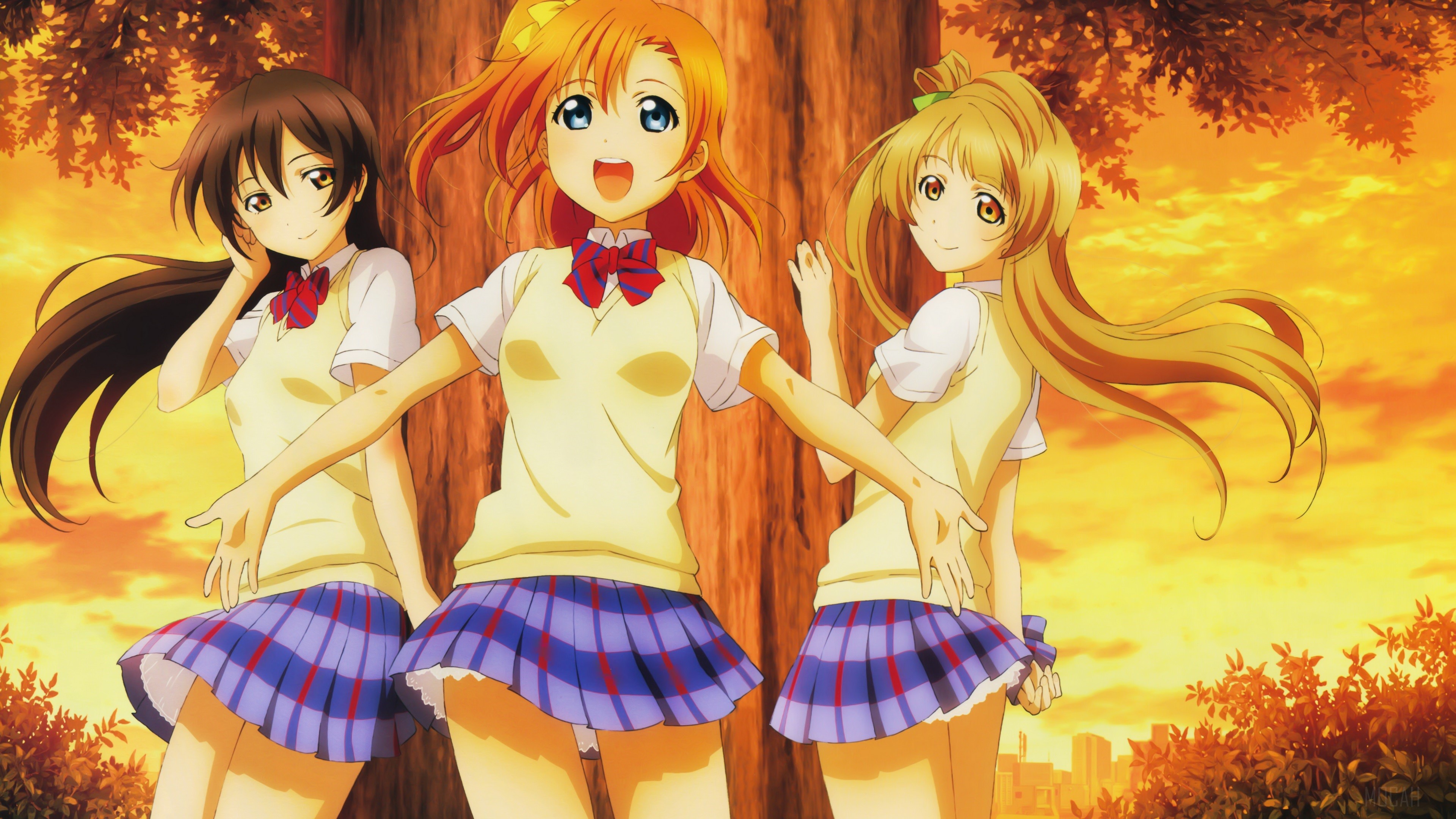 Three girls in school uniforms in front of a tree HD Wallpaper