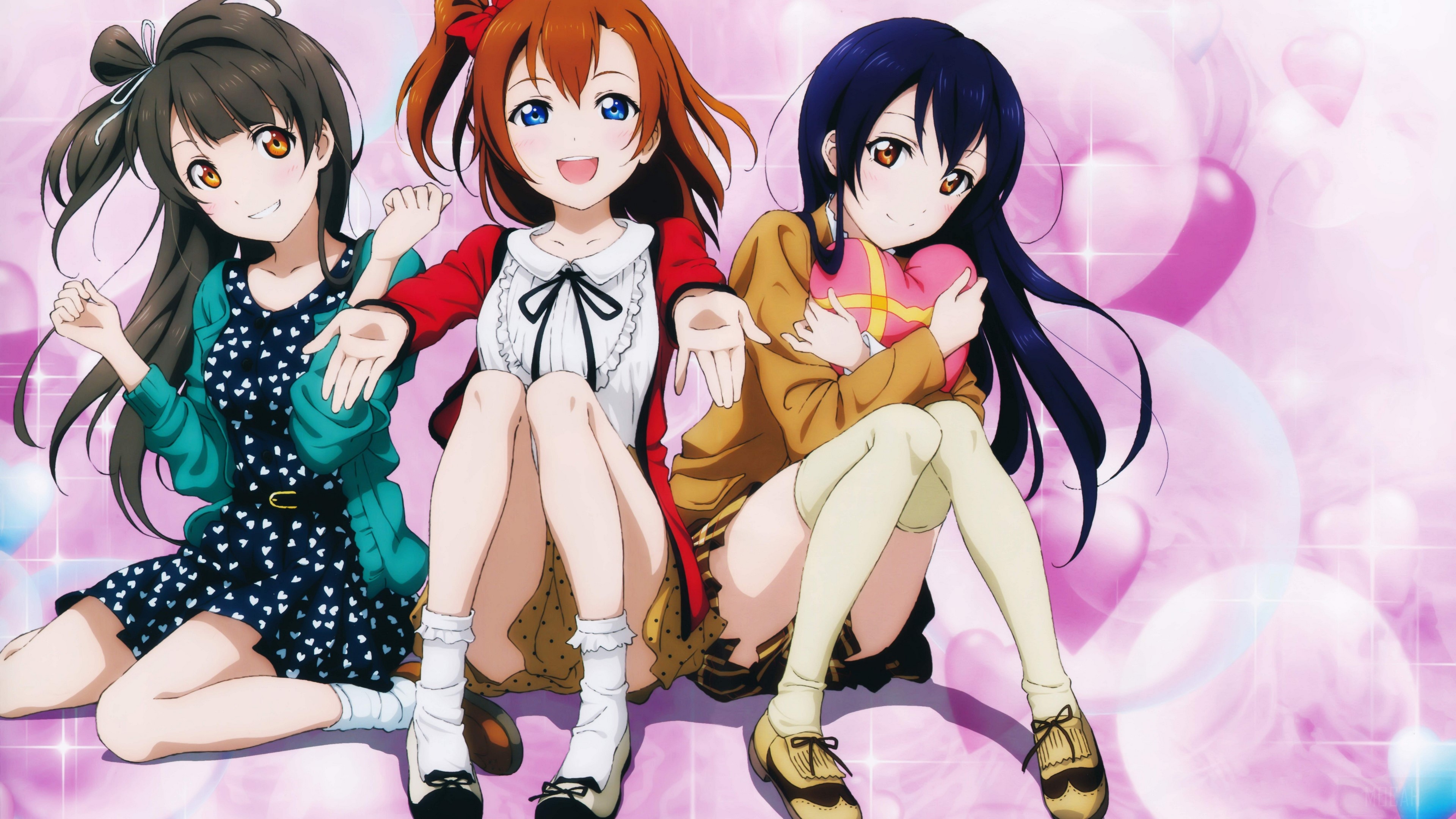 3 anime girls sitting together HD Wallpaper
