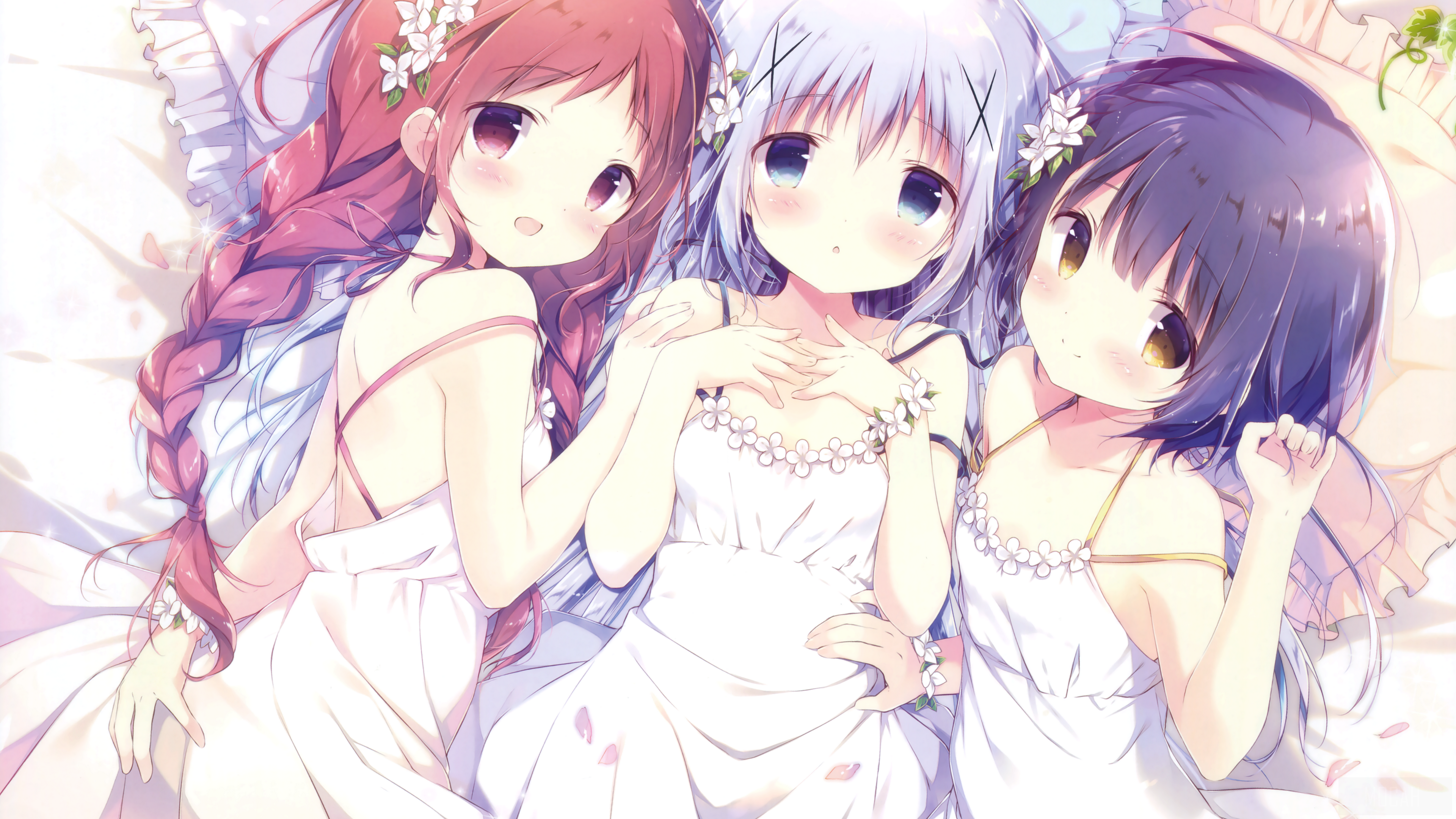 Three anime girls in white dresses HD Wallpaper