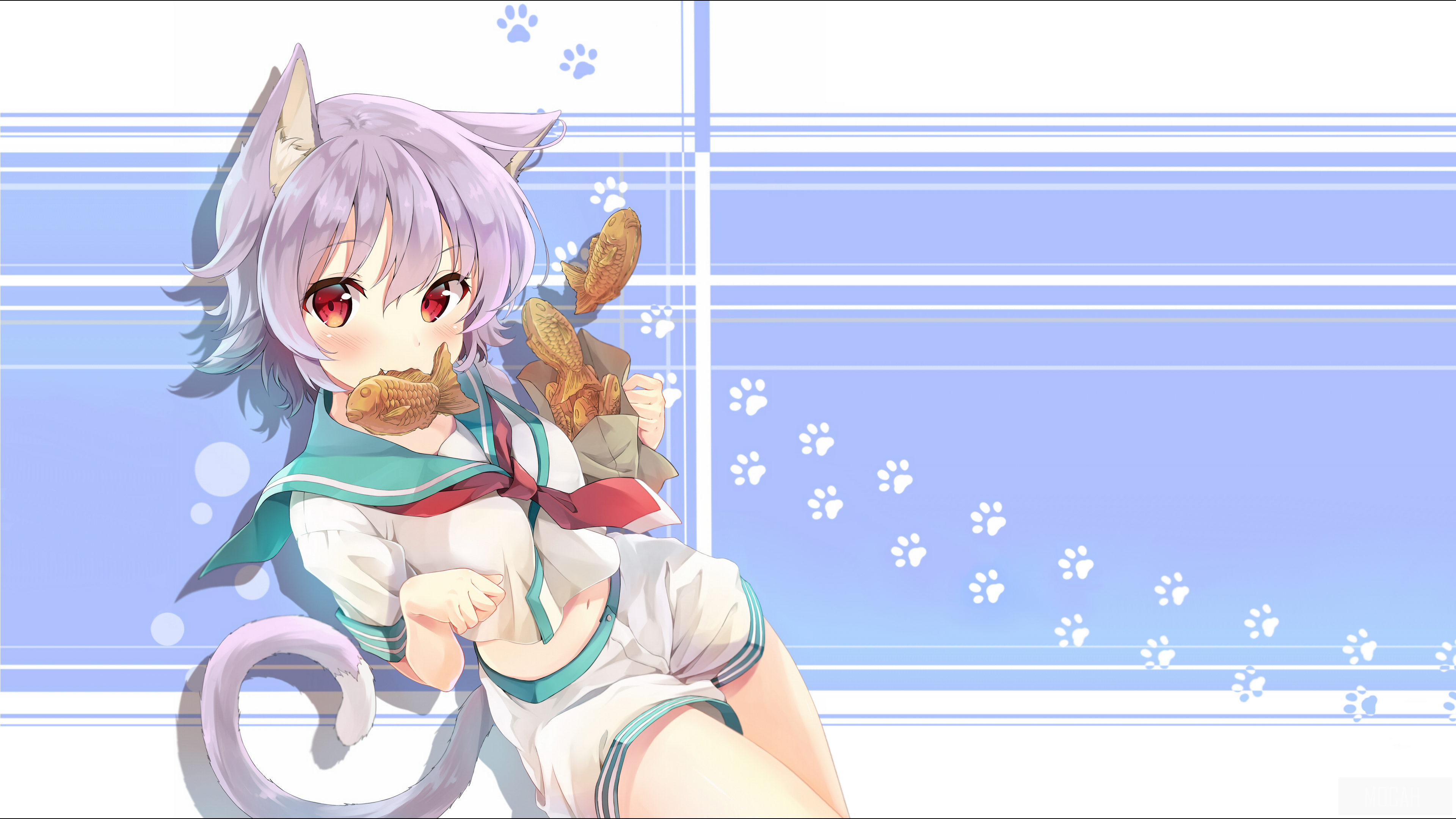 Cat girl eating taiyaki HD Wallpaper