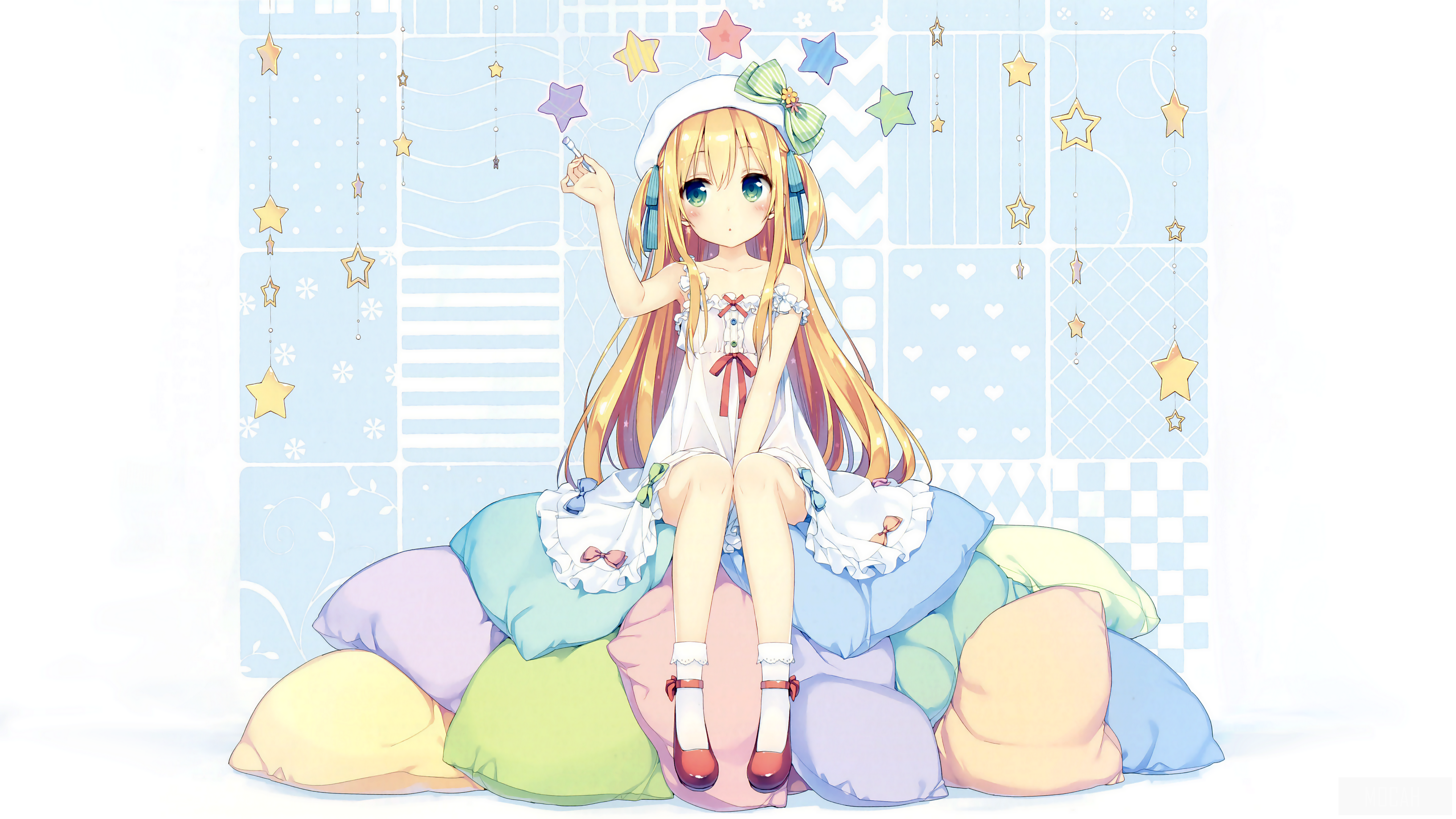 Anime girl with stars and pillows 4K HD Wallpaper