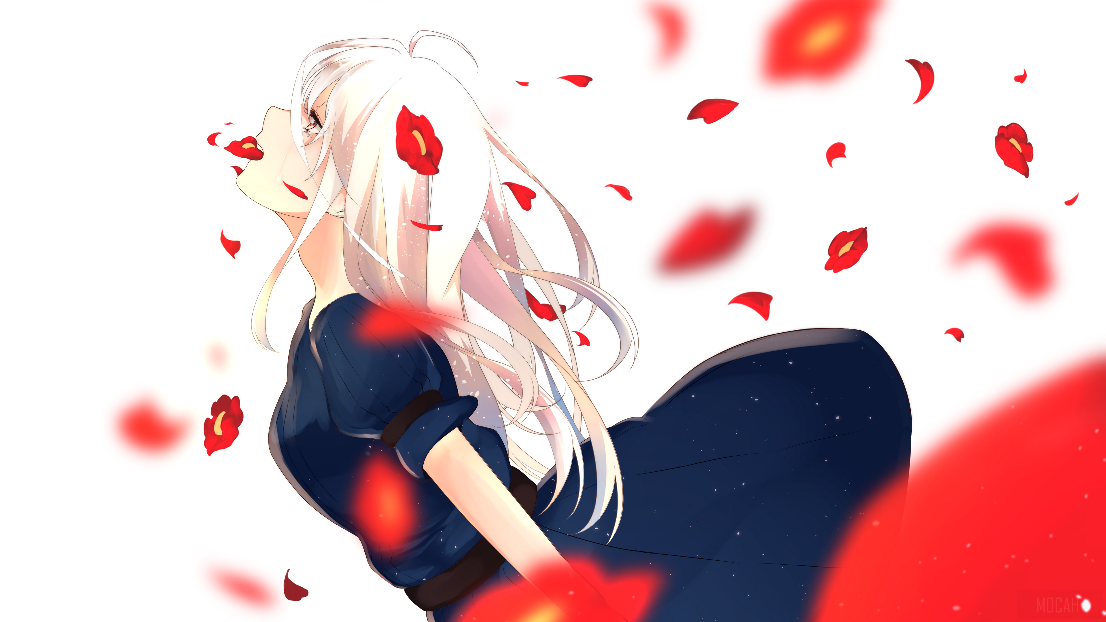 Girl in blue dress with falling red petals 4K HD Wallpaper