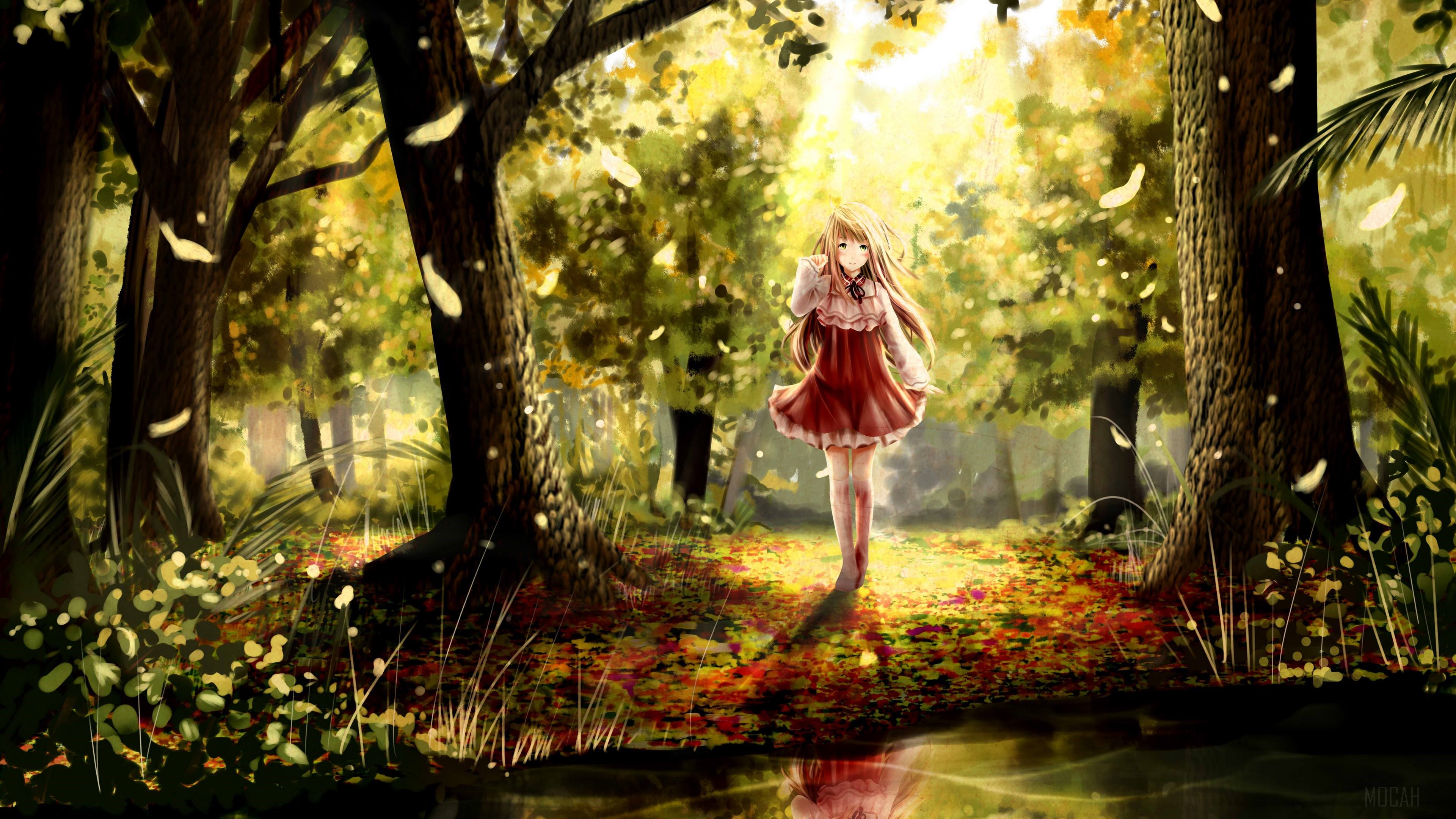 Anime girl in red dress walking in forest HD Wallpaper