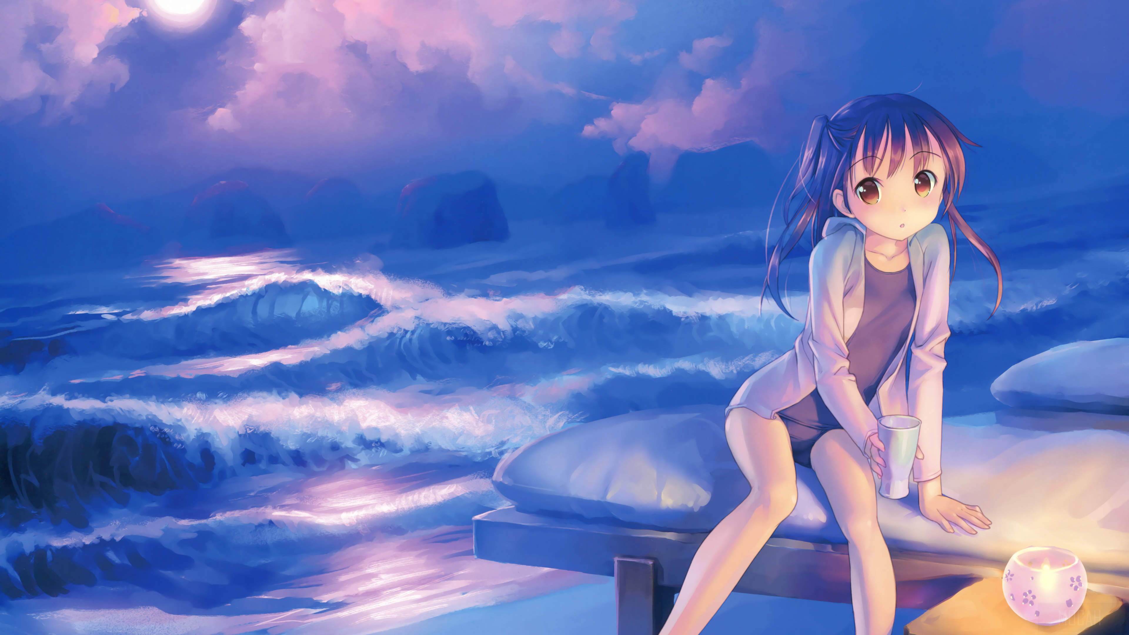 Girl by the ocean at sunset 4K HD Wallpaper