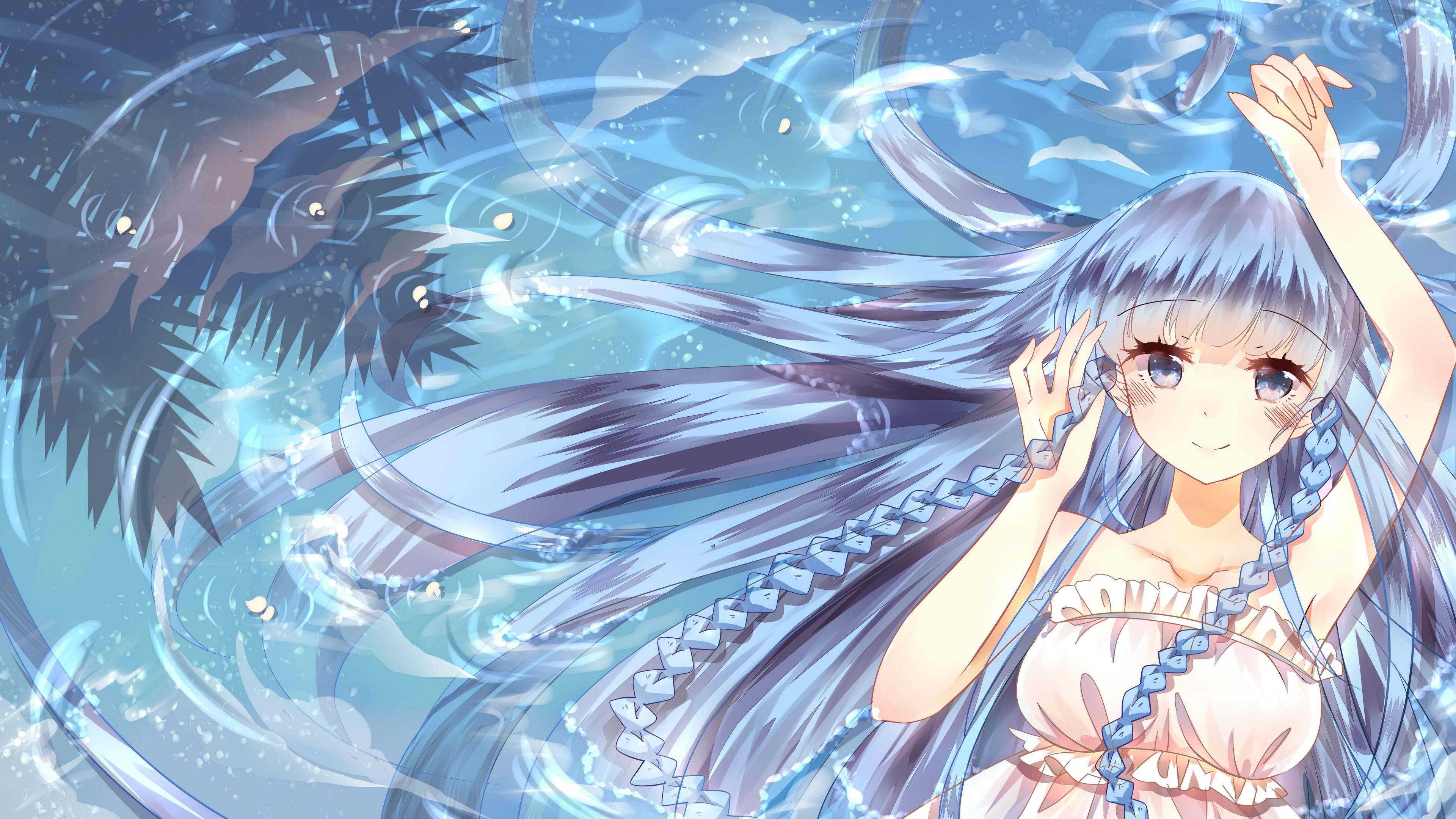 Anime girl with blue hair in water HD Wallpaper