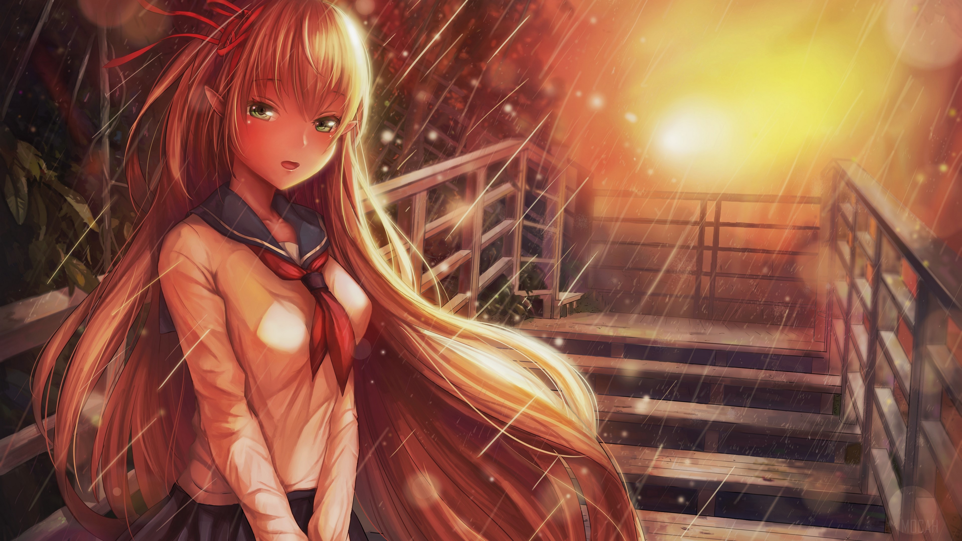 Anime girl in school uniform in the rain HD Wallpaper