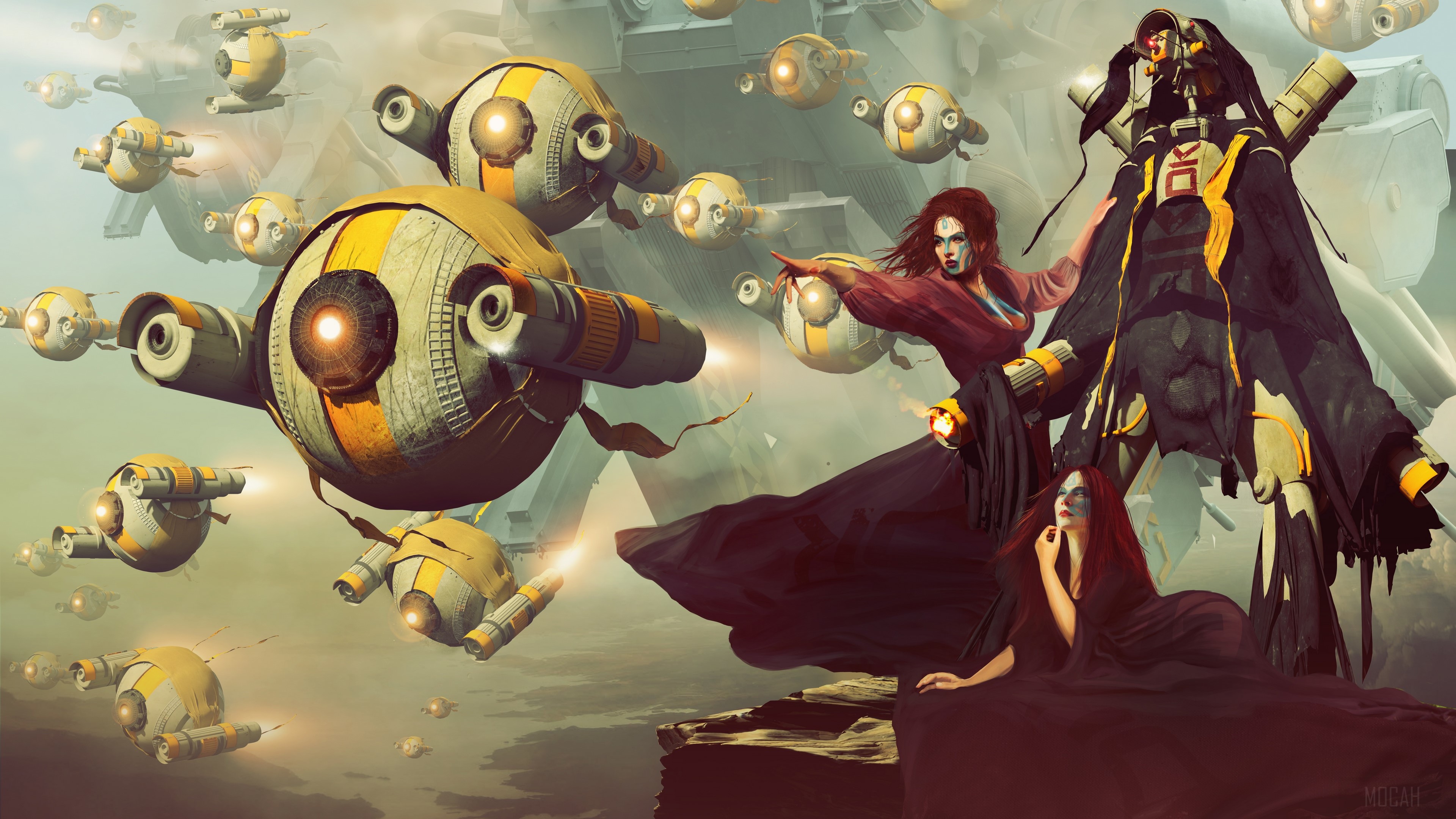 Women and drones in a futuristic landscape 4K HD Wallpaper