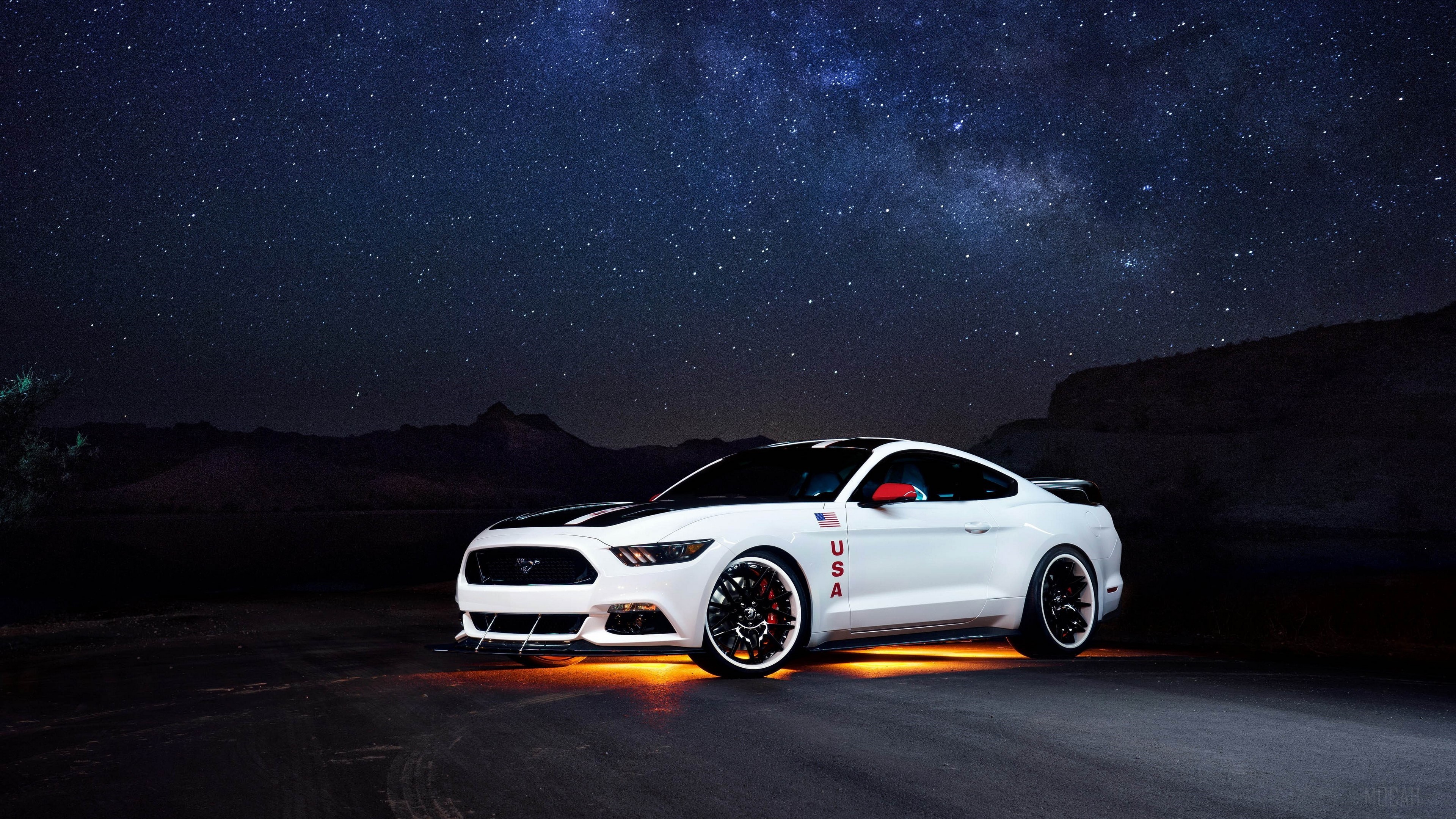 White Ford Mustang under the Milky Way HD Wallpaper