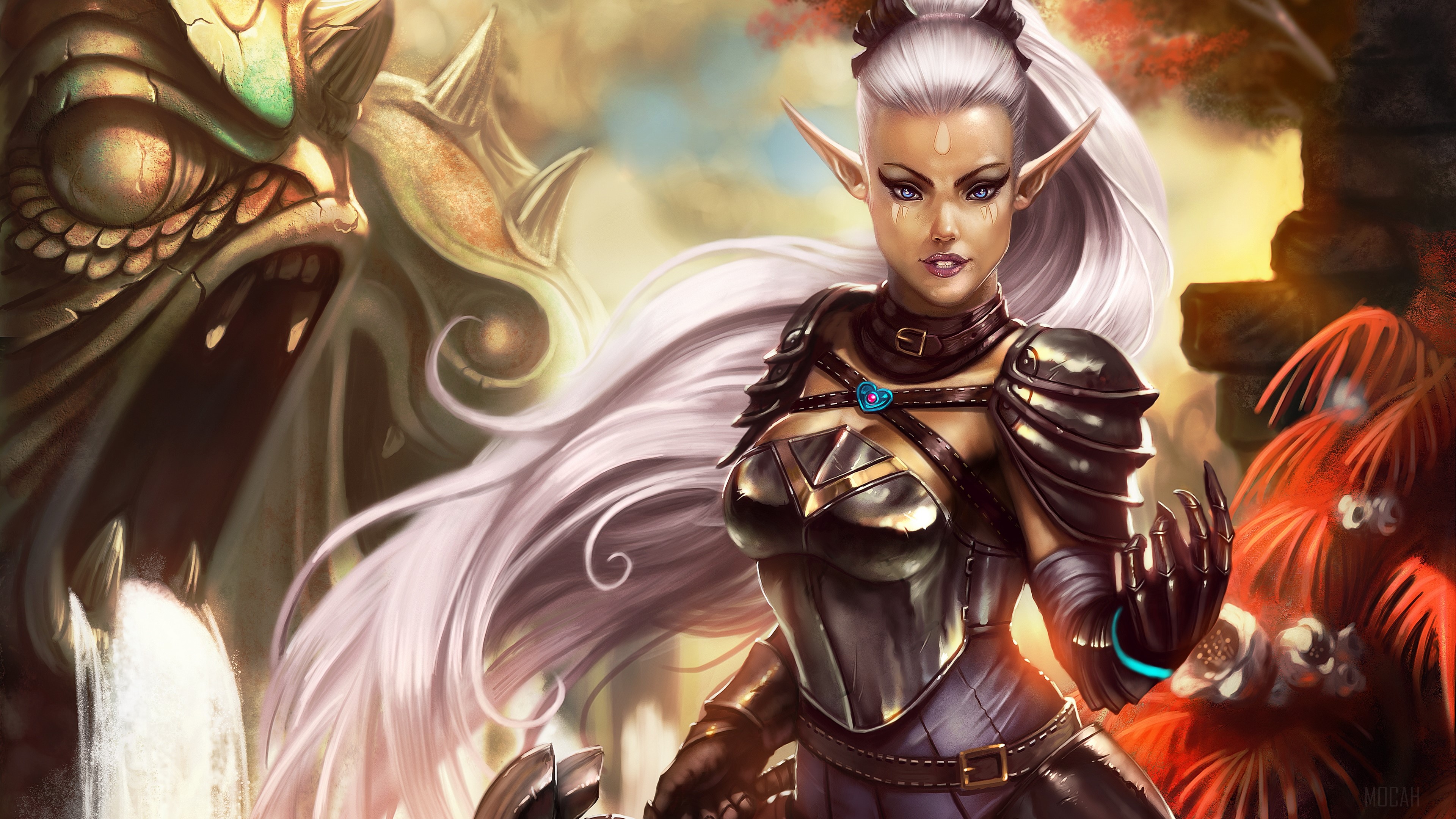 Elf warrior with ornate armor and a stone monster HD Wallpaper