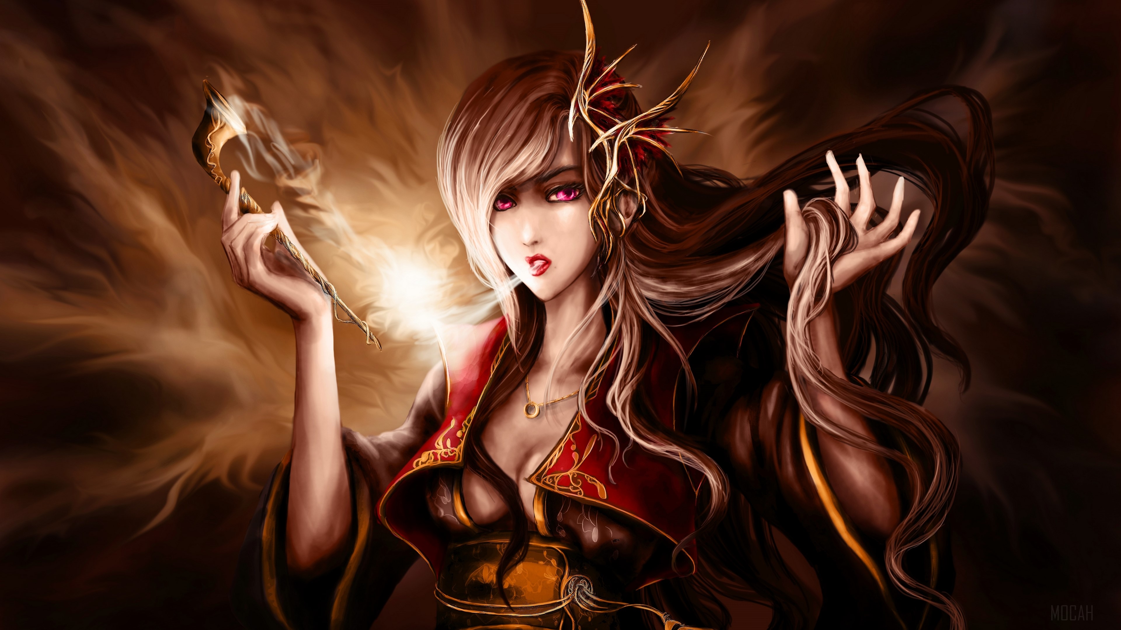 Fantasy woman with magic staff HD Wallpaper