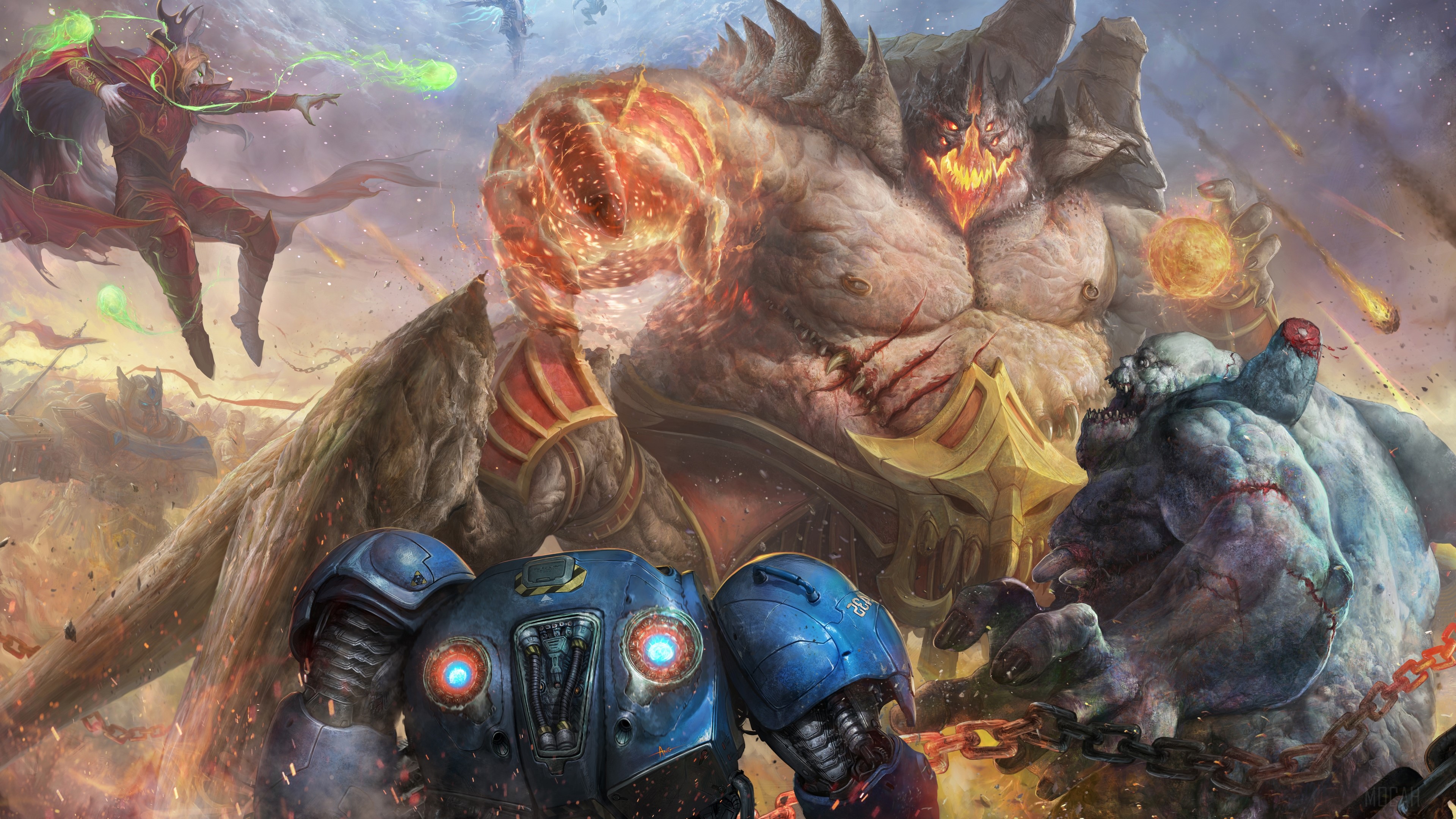 4K Battle of Demons, Robots, and a Sorcerer HD Wallpaper