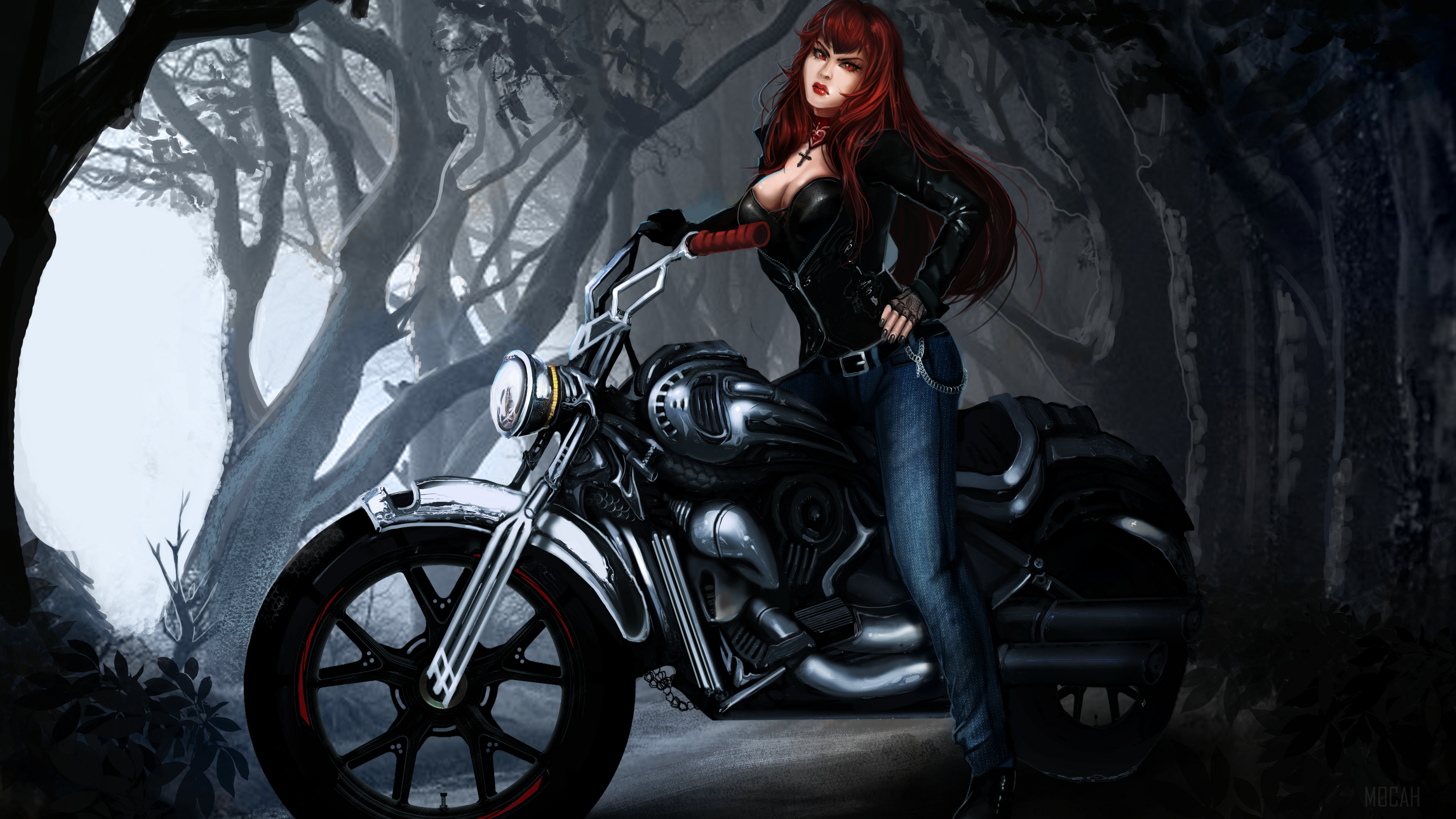 Woman with red hair on a motorcycle in a forest HD Wallpaper