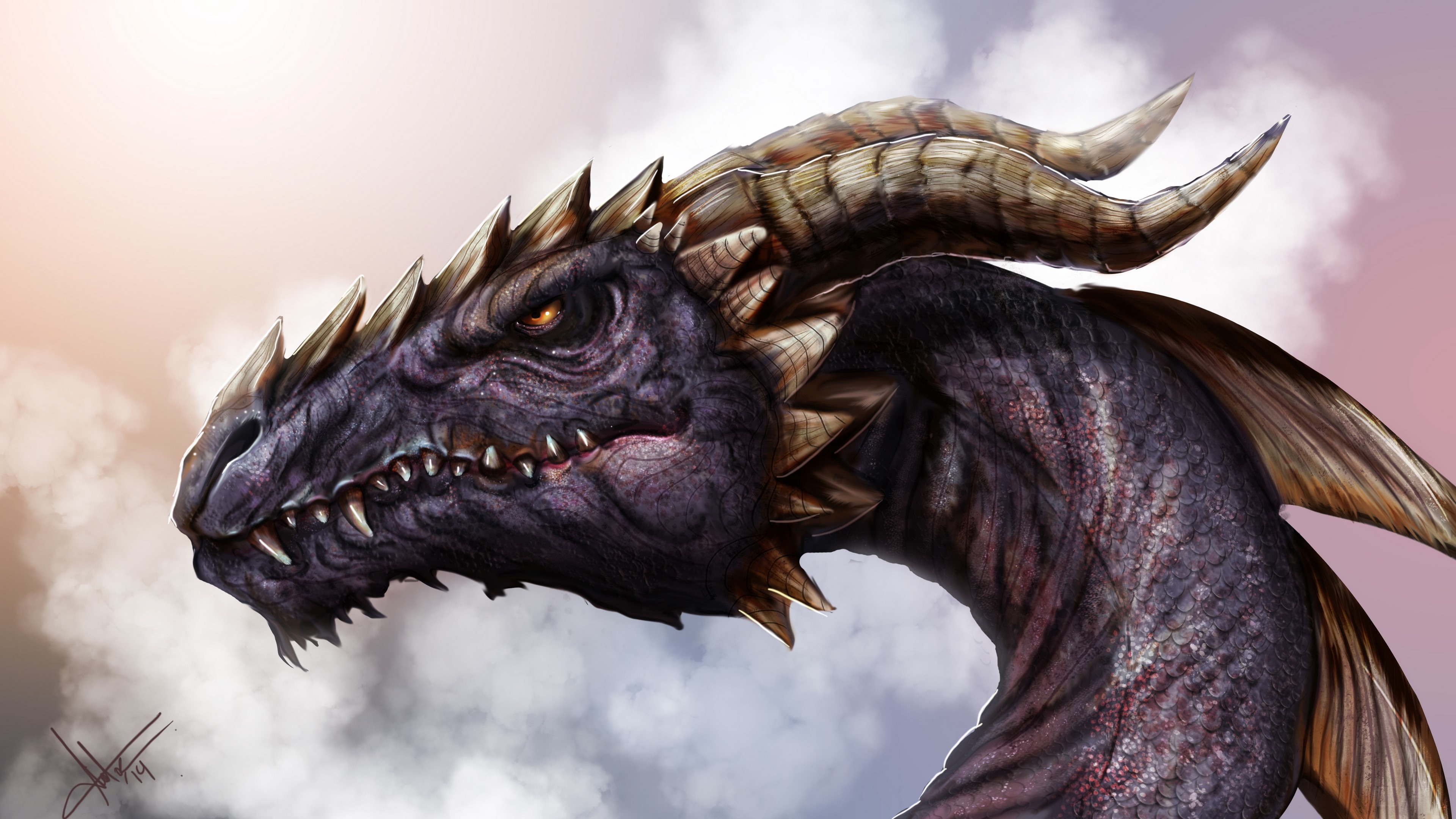 Dragon head with horns and scales HD Wallpaper