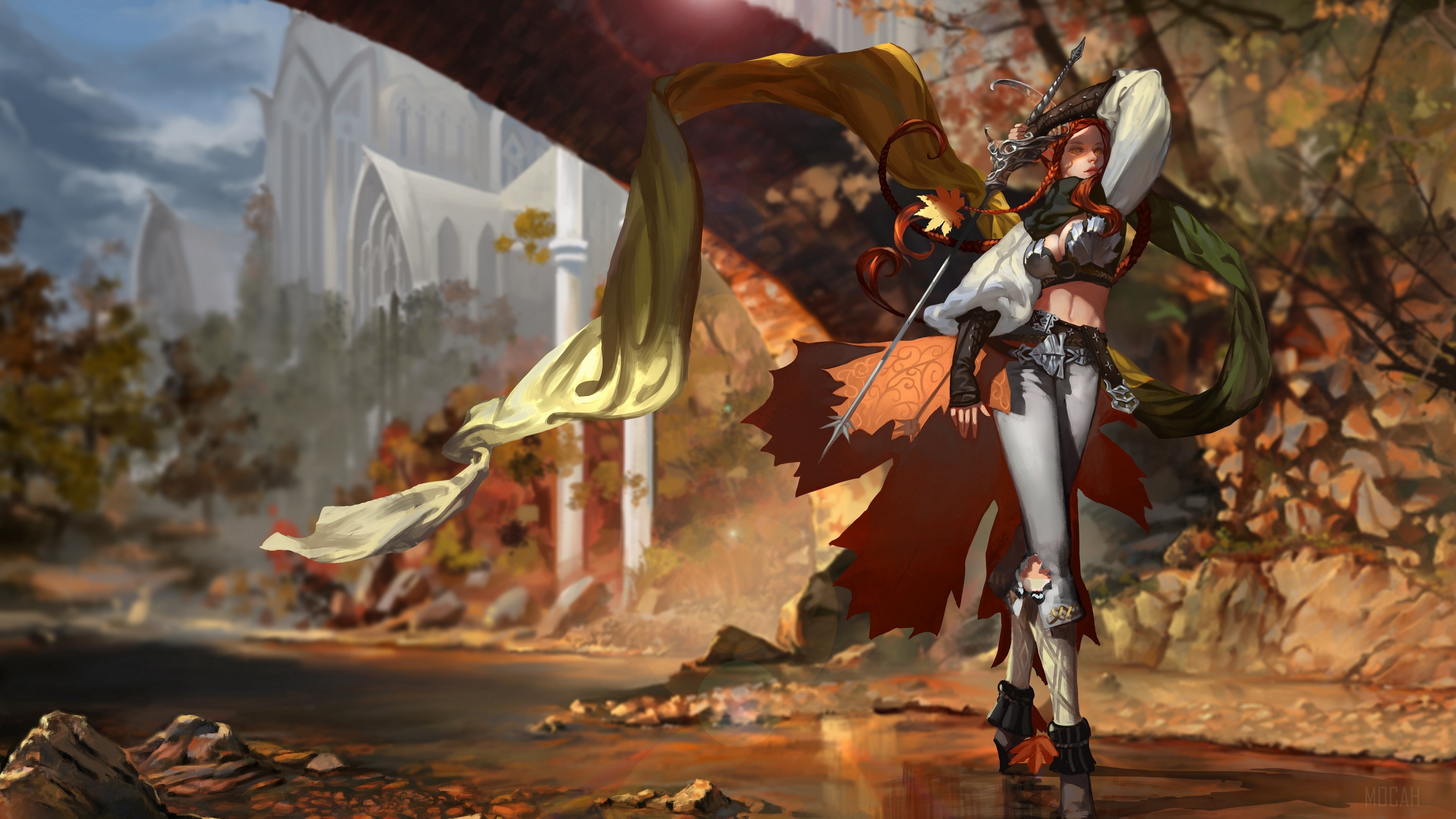 Elf with Sword in Fall Landscape 4K HD Wallpaper