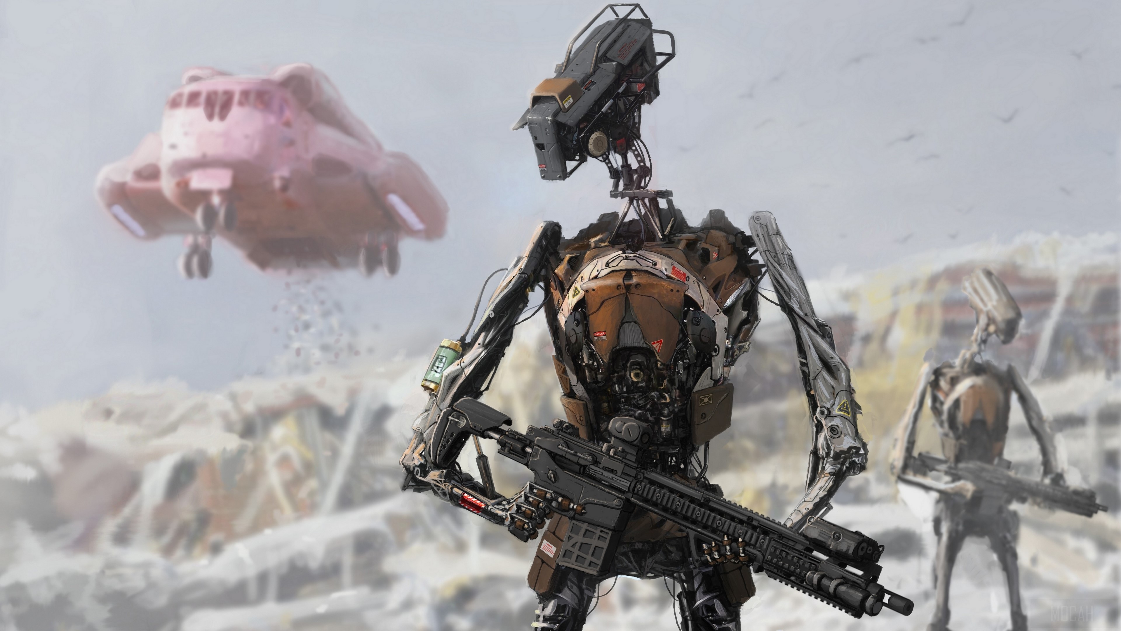 Robots with guns and a flying vehicle HD Wallpaper