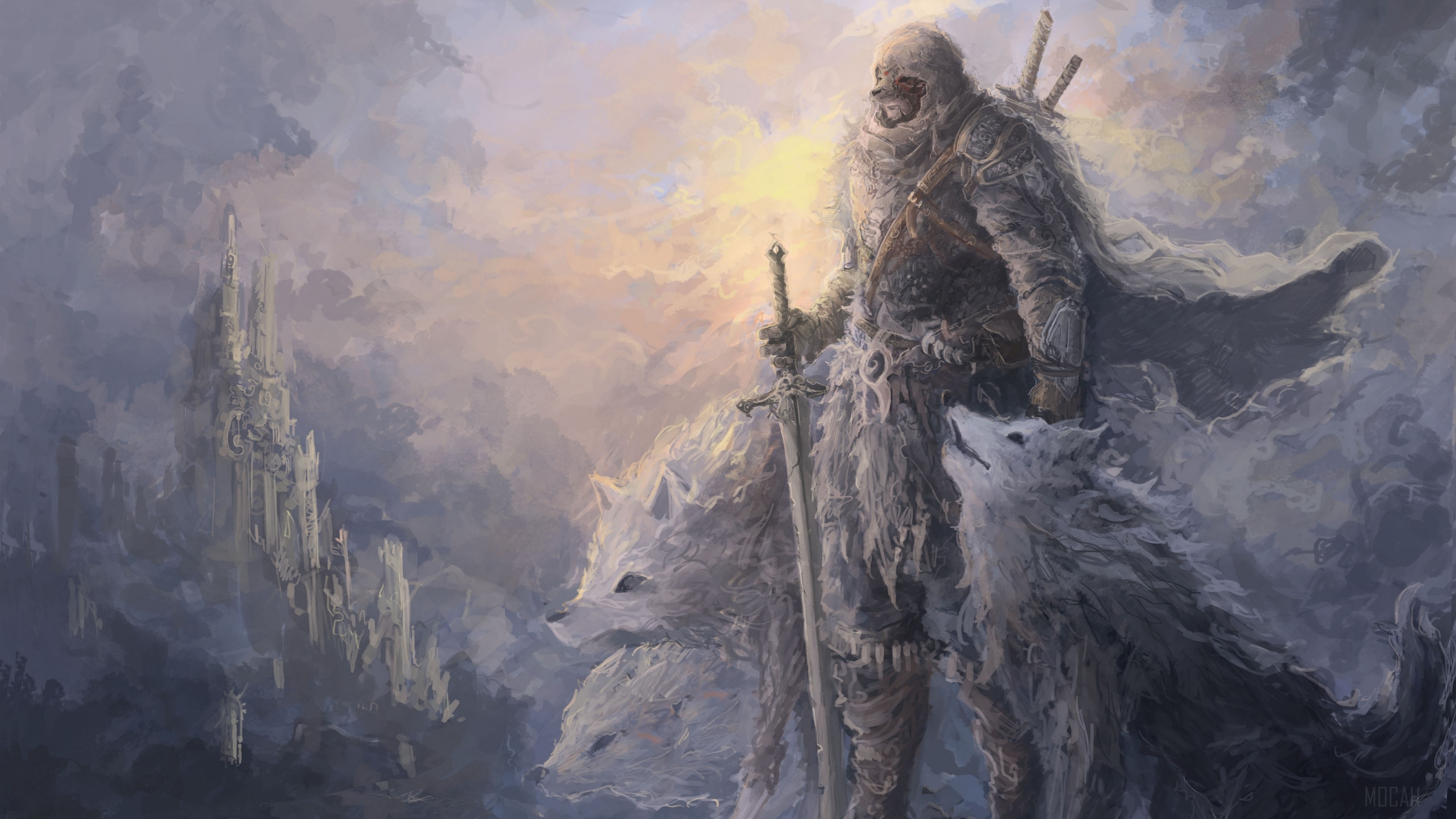 Warrior with wolves and castle in clouds HD Wallpaper