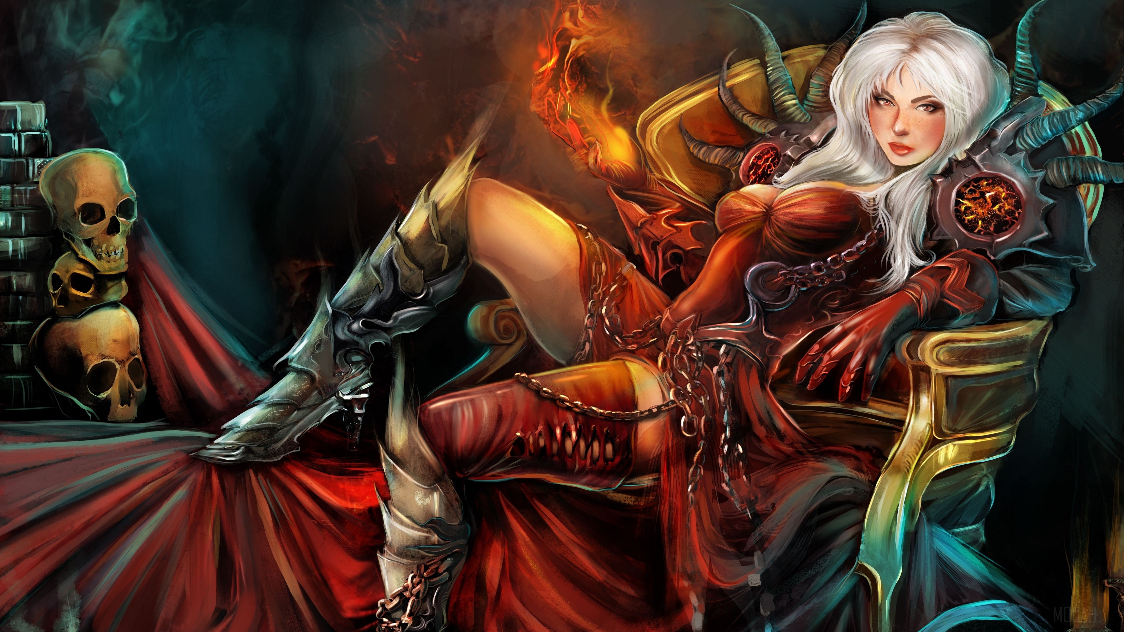 Demon Queen on Throne with Skulls HD Wallpaper