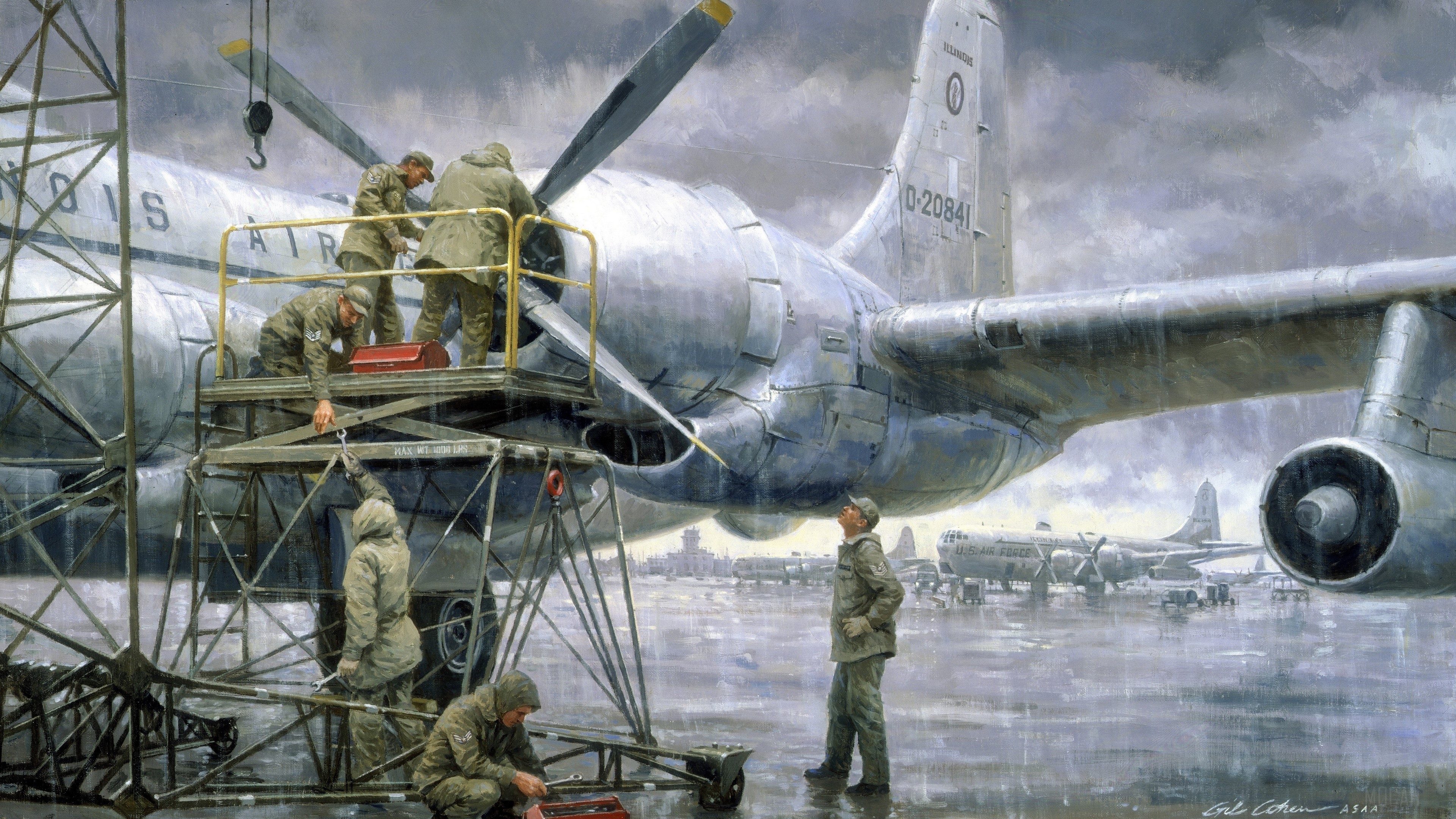 US Air Force personnel servicing a bomber aircraft in the rain HD Wallpaper