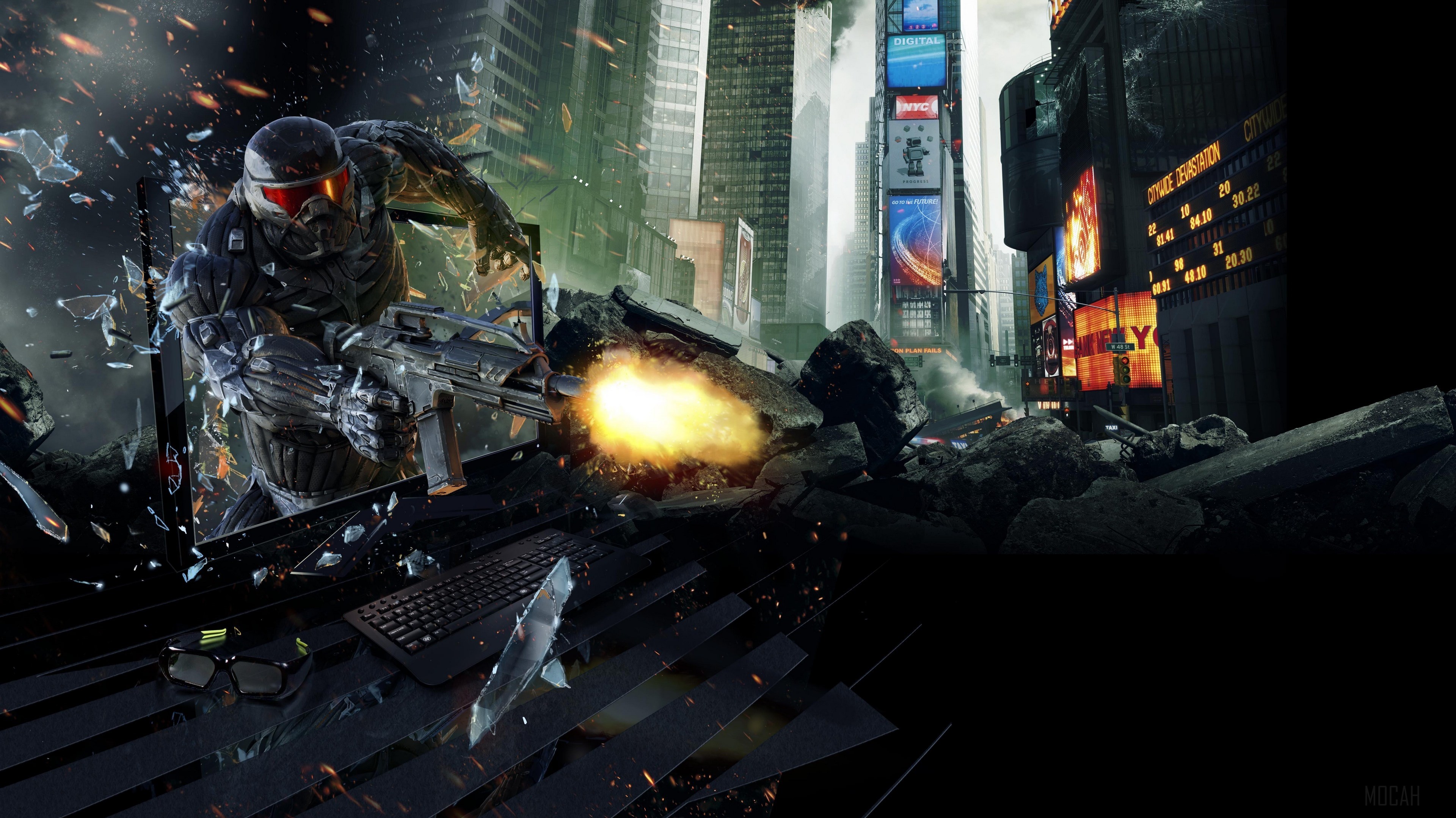 Soldier in Nanosuit firing weapon in destroyed city HD Wallpaper