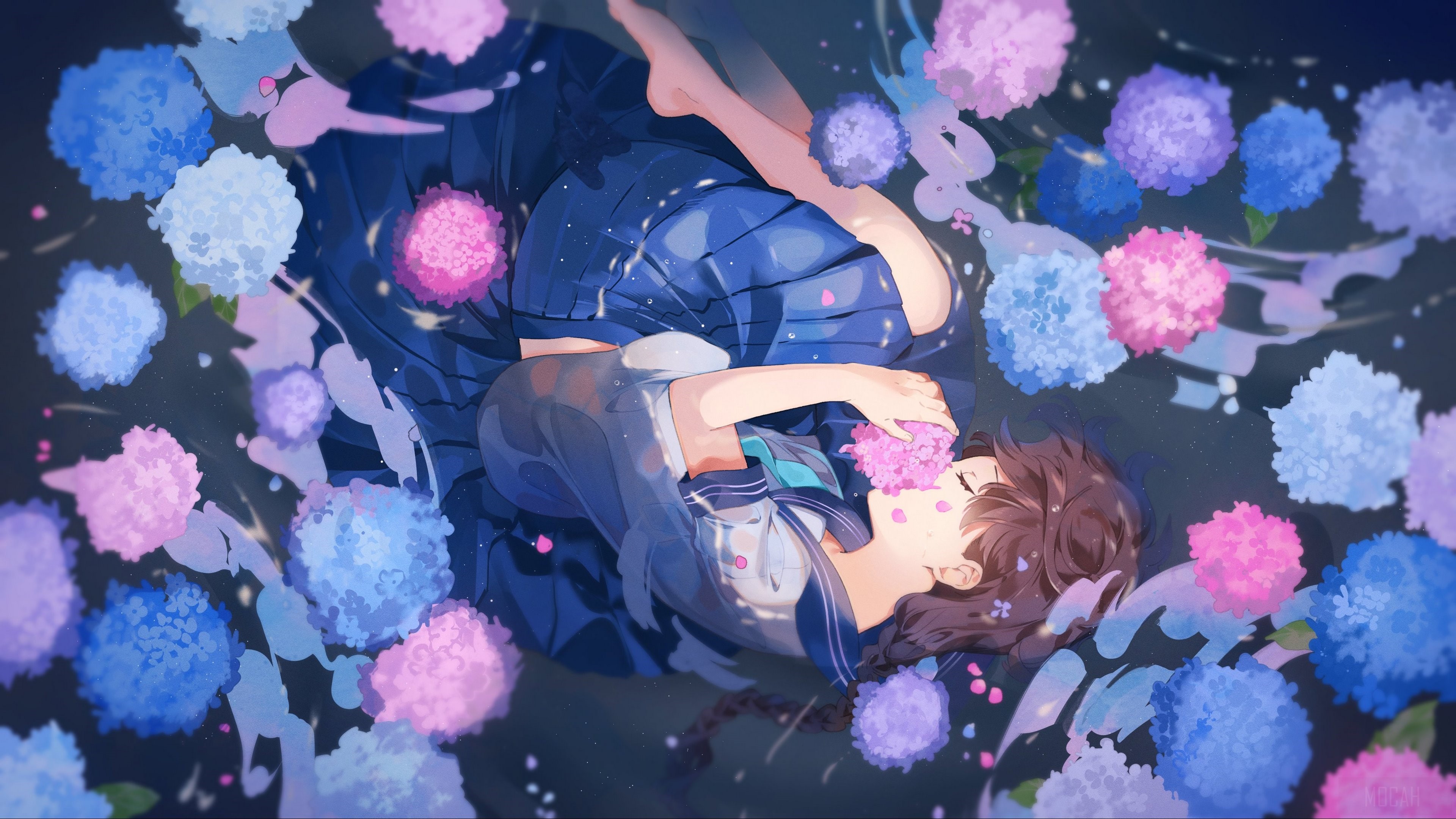 Girl in blue uniform surrounded by hydrangeas HD Wallpaper