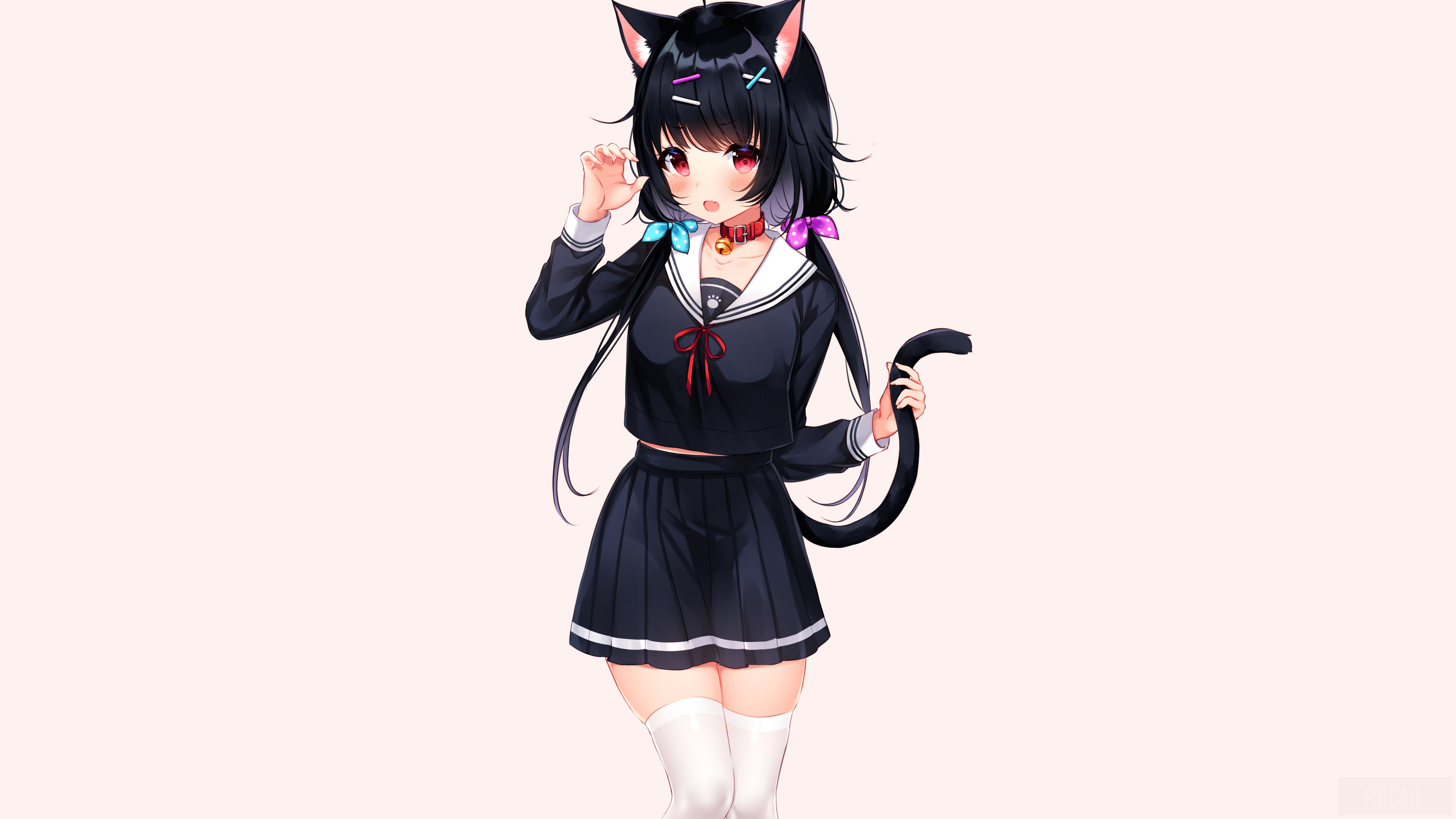 Anime Girl with Black Hair and Cat Ears in School Uniform 4K HD Wallpaper