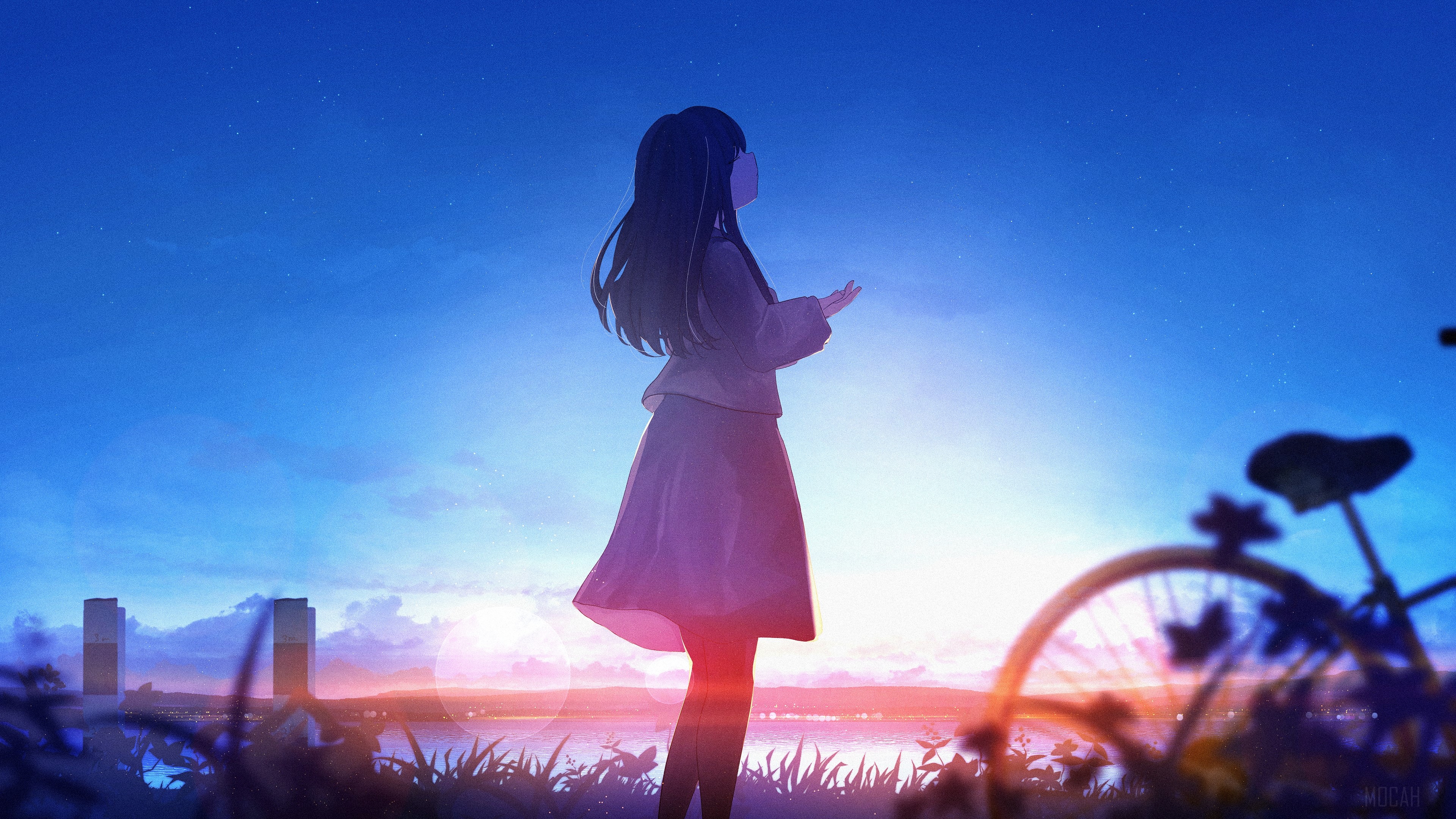 Girl with long hair and a bike at sunset 4K HD Wallpaper