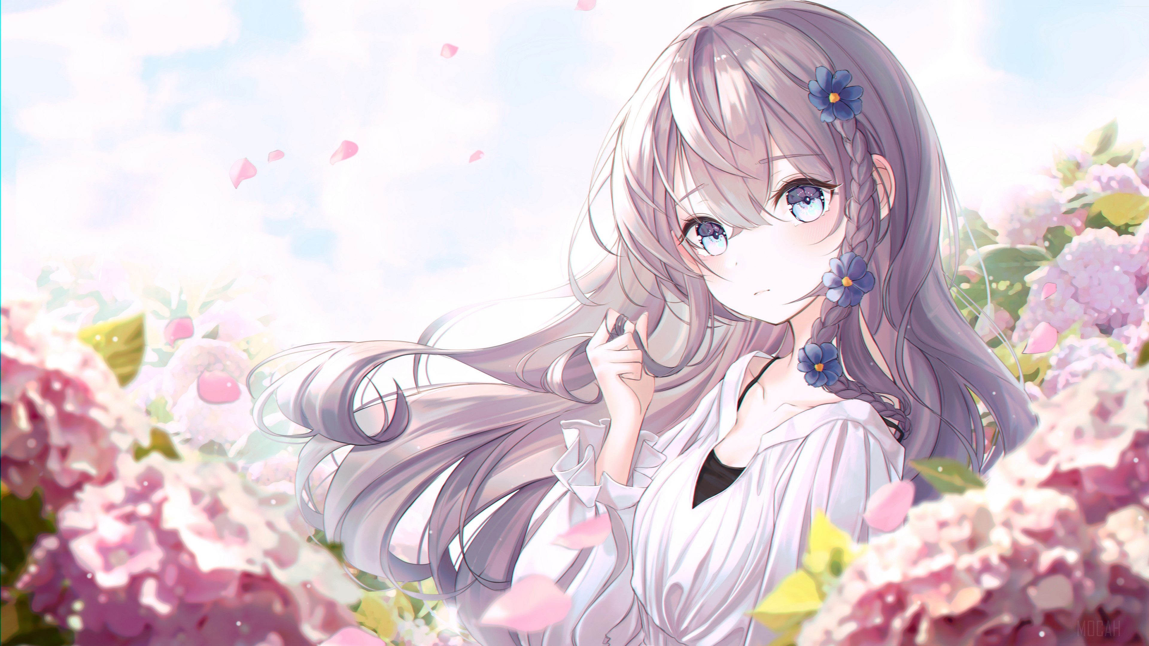 Anime girl with flowers in hair HD Wallpaper