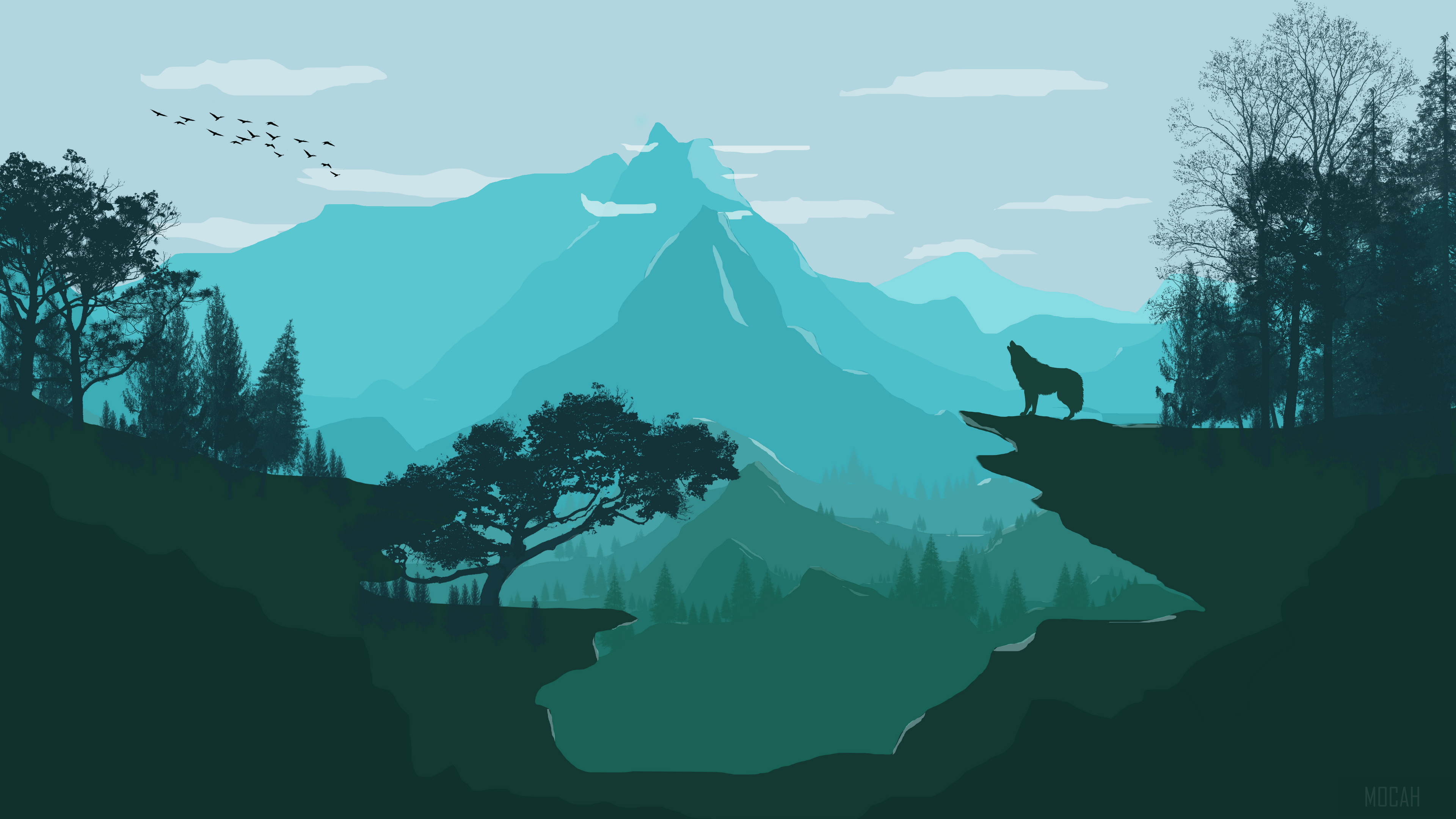 Wolf howling on a cliff in a mountain landscape 4K HD Wallpaper