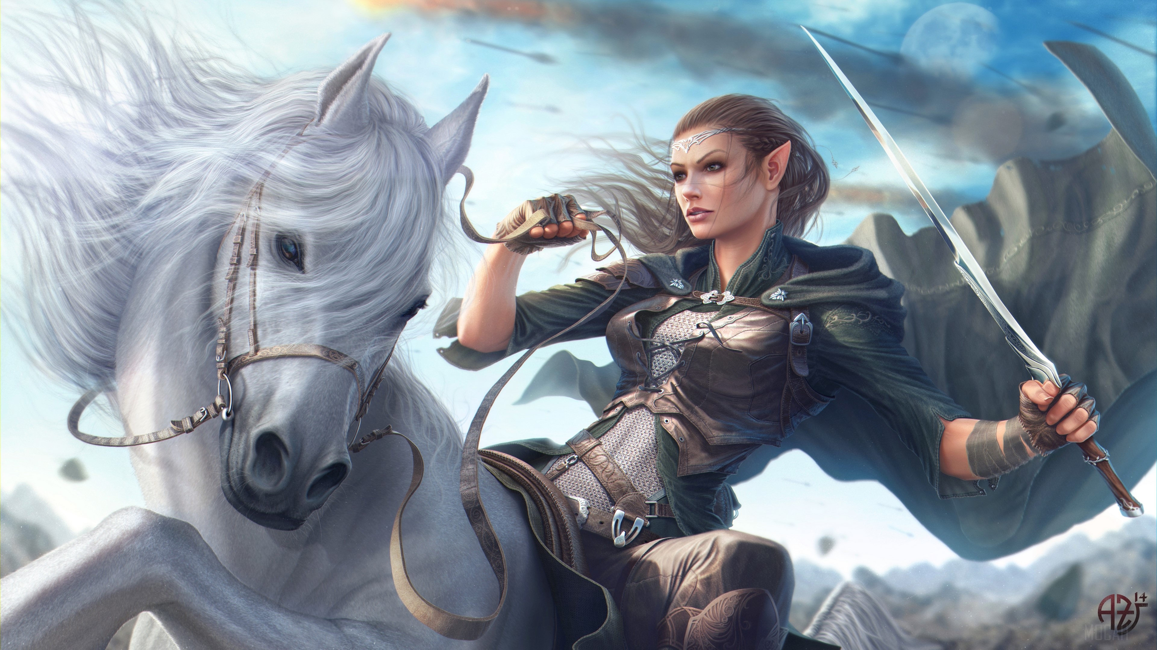 Elf warrior on a white horse with sword HD Wallpaper