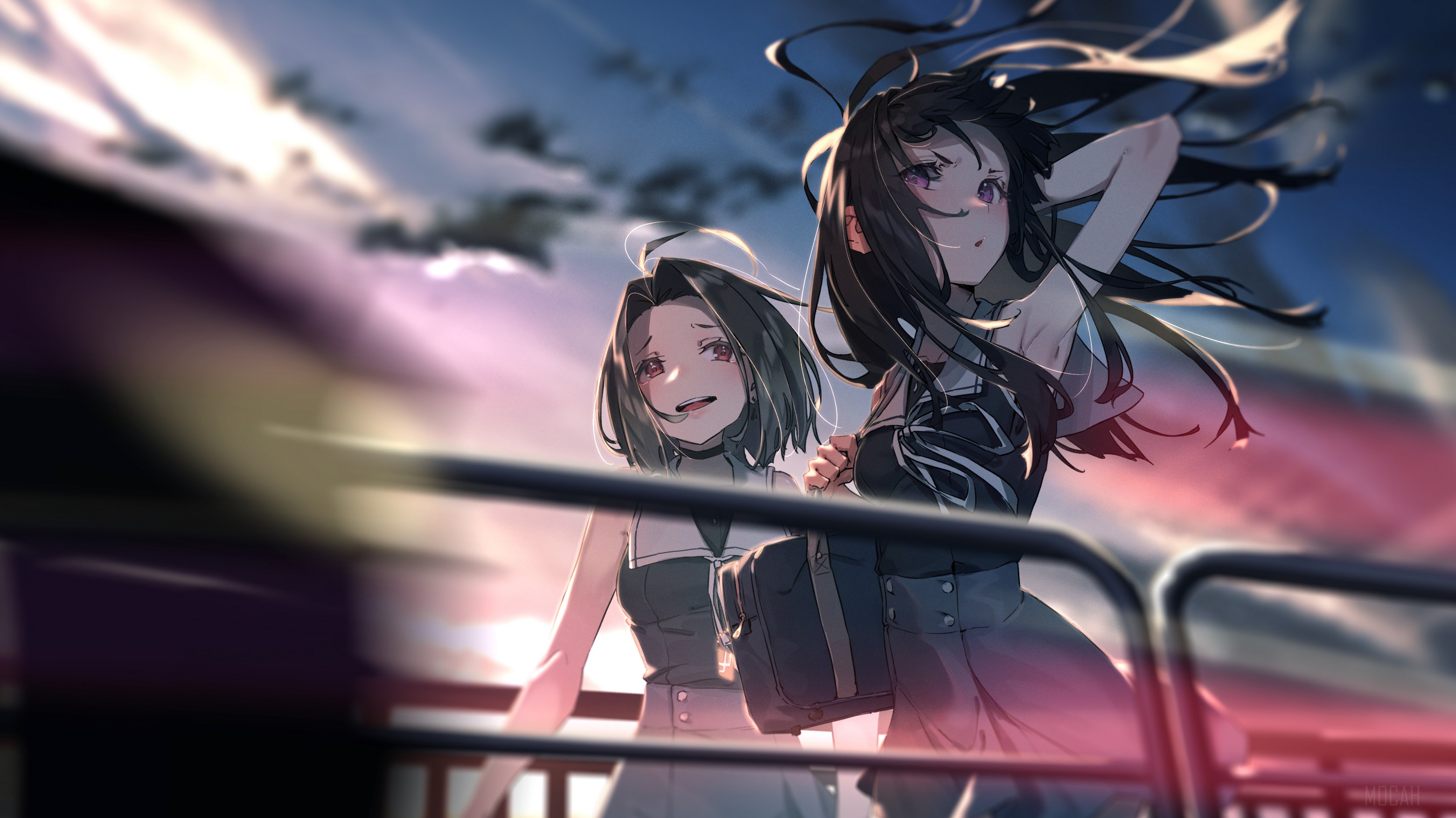 Two girls on a bridge at sunset HD Wallpaper