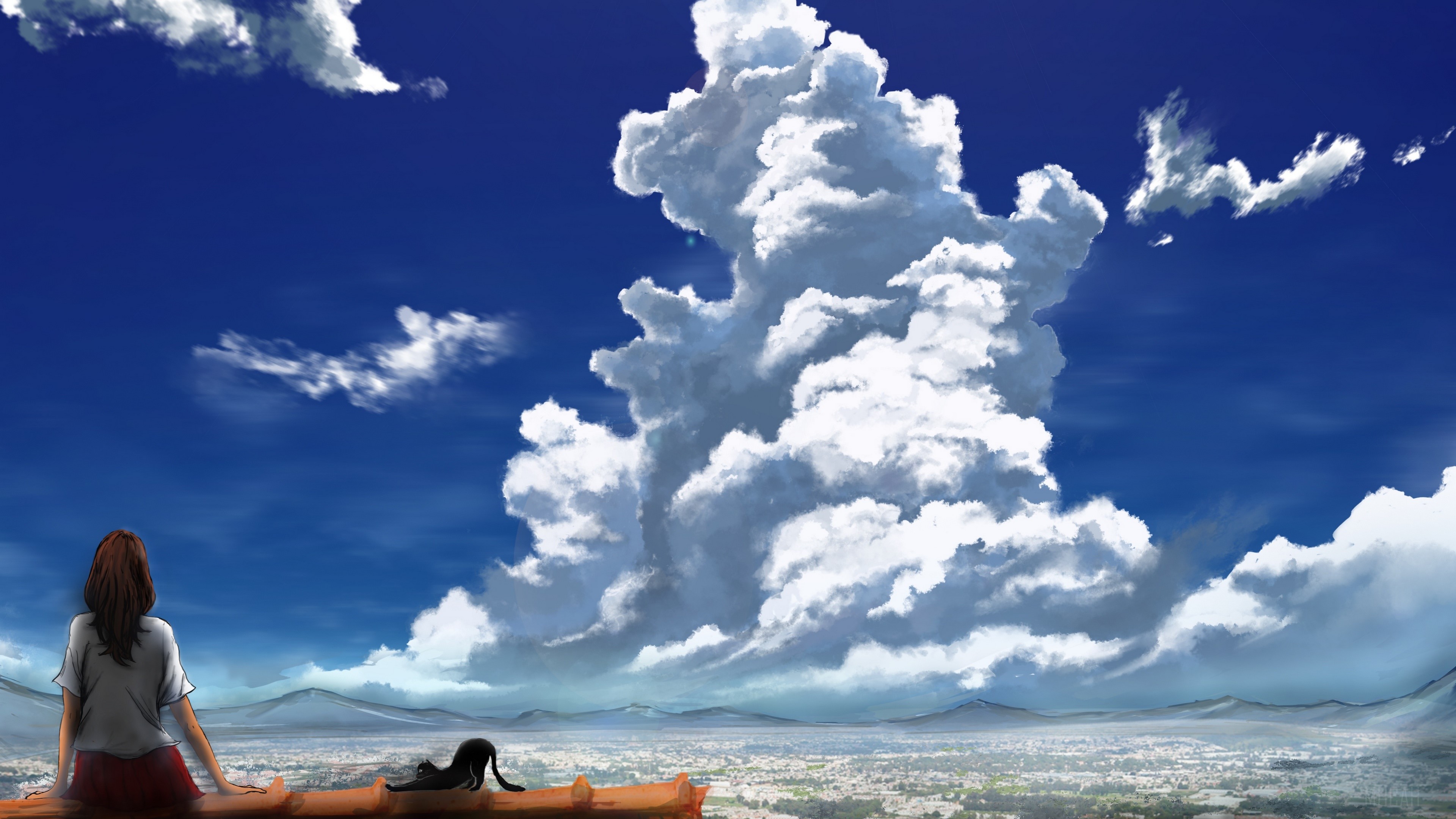 Girl and Cat on Rooftop with Clouds 4K HD Wallpaper