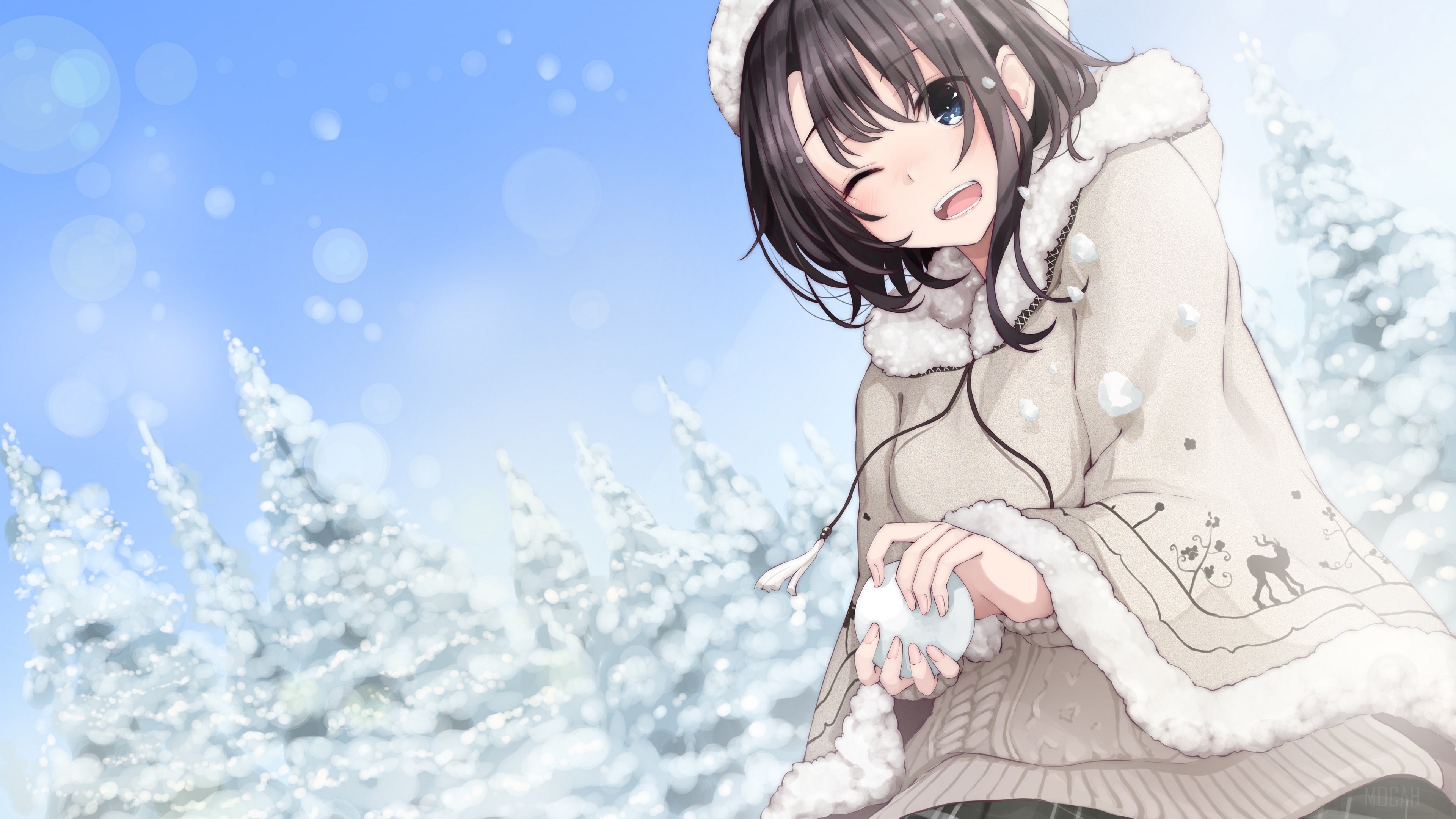 Anime girl in winter coat holding snowball HD Wallpaper
