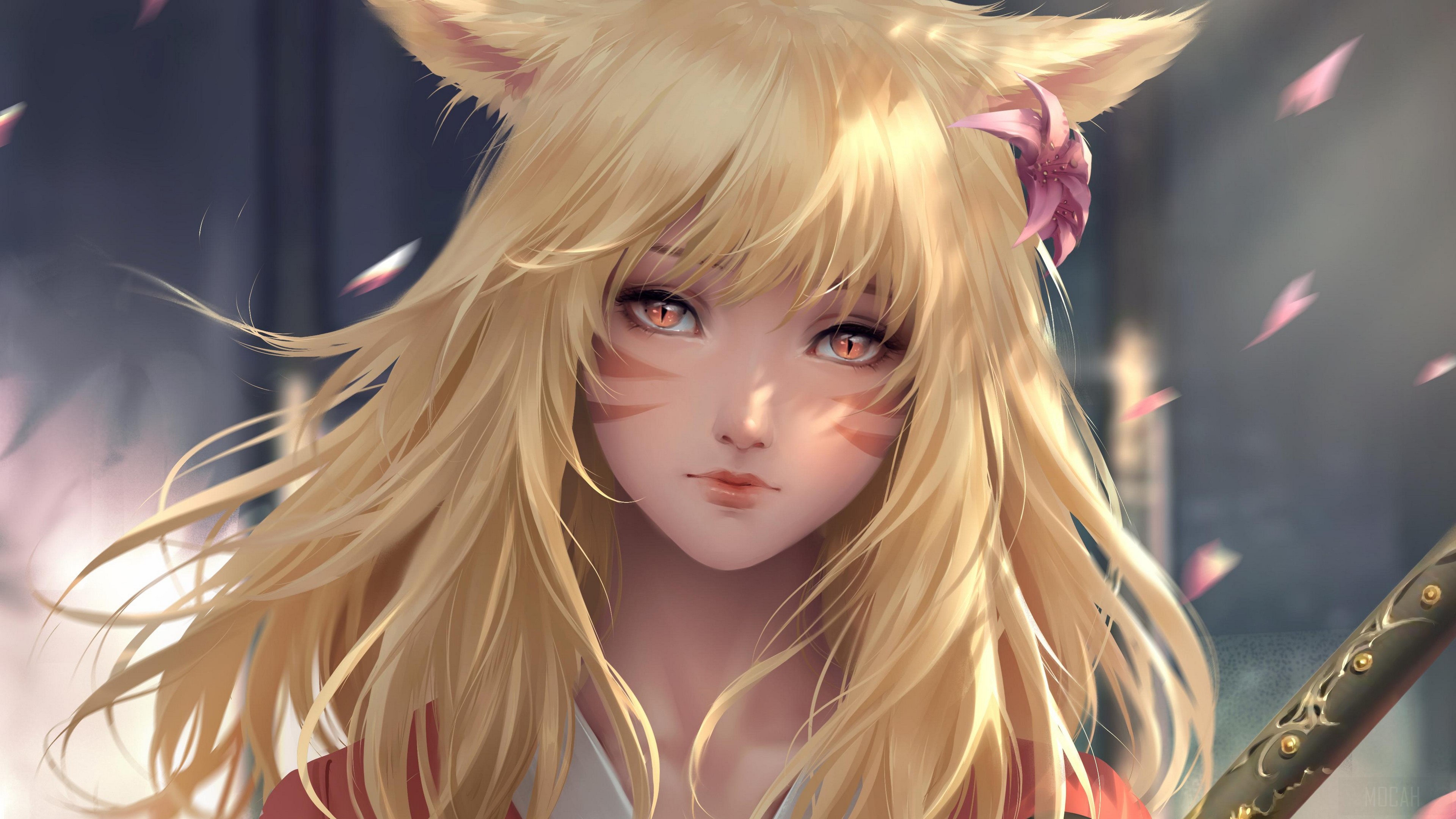 Anime girl with fox ears and sword 4K HD Wallpaper