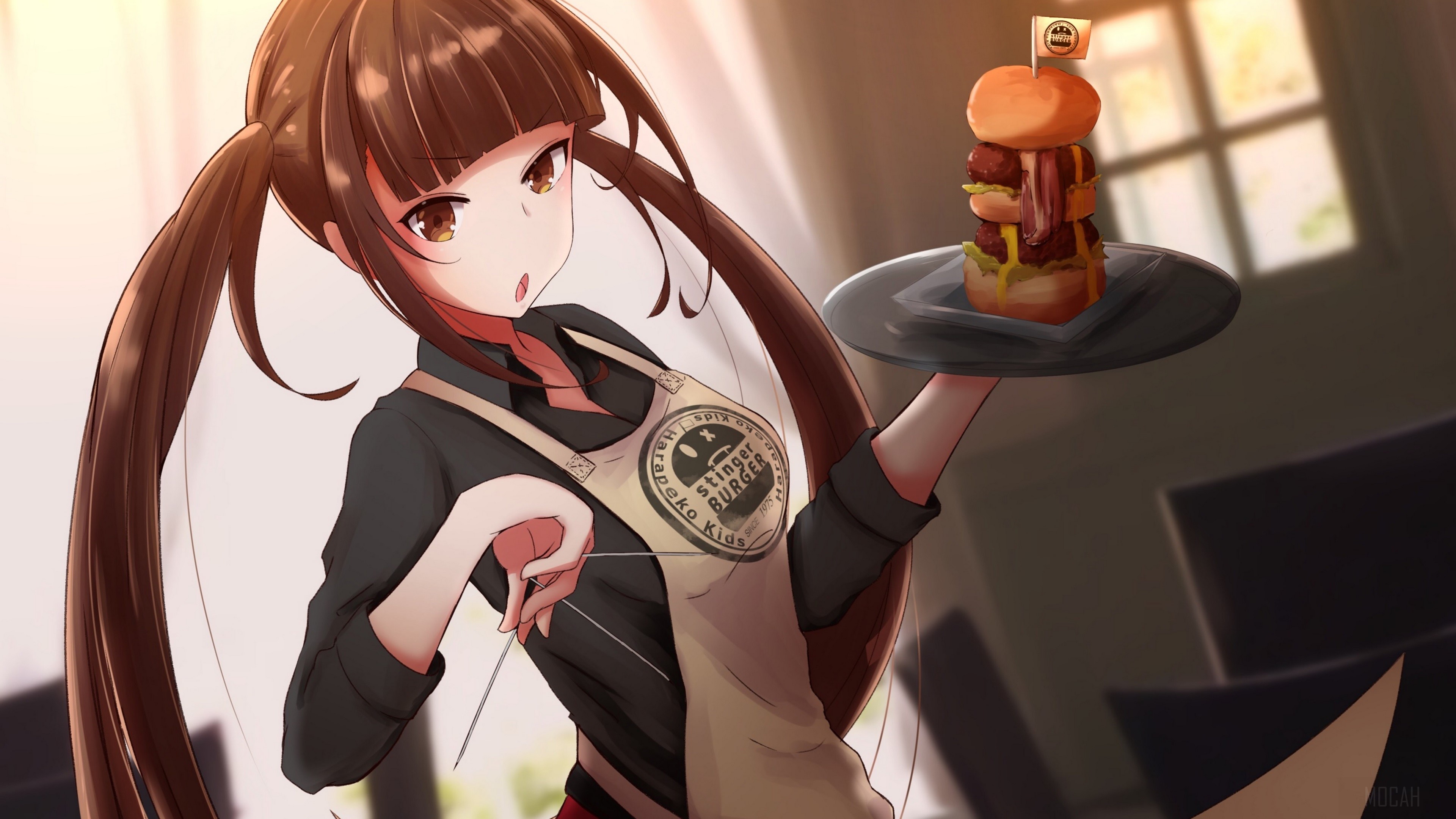 Anime girl serving a tall burger HD Wallpaper
