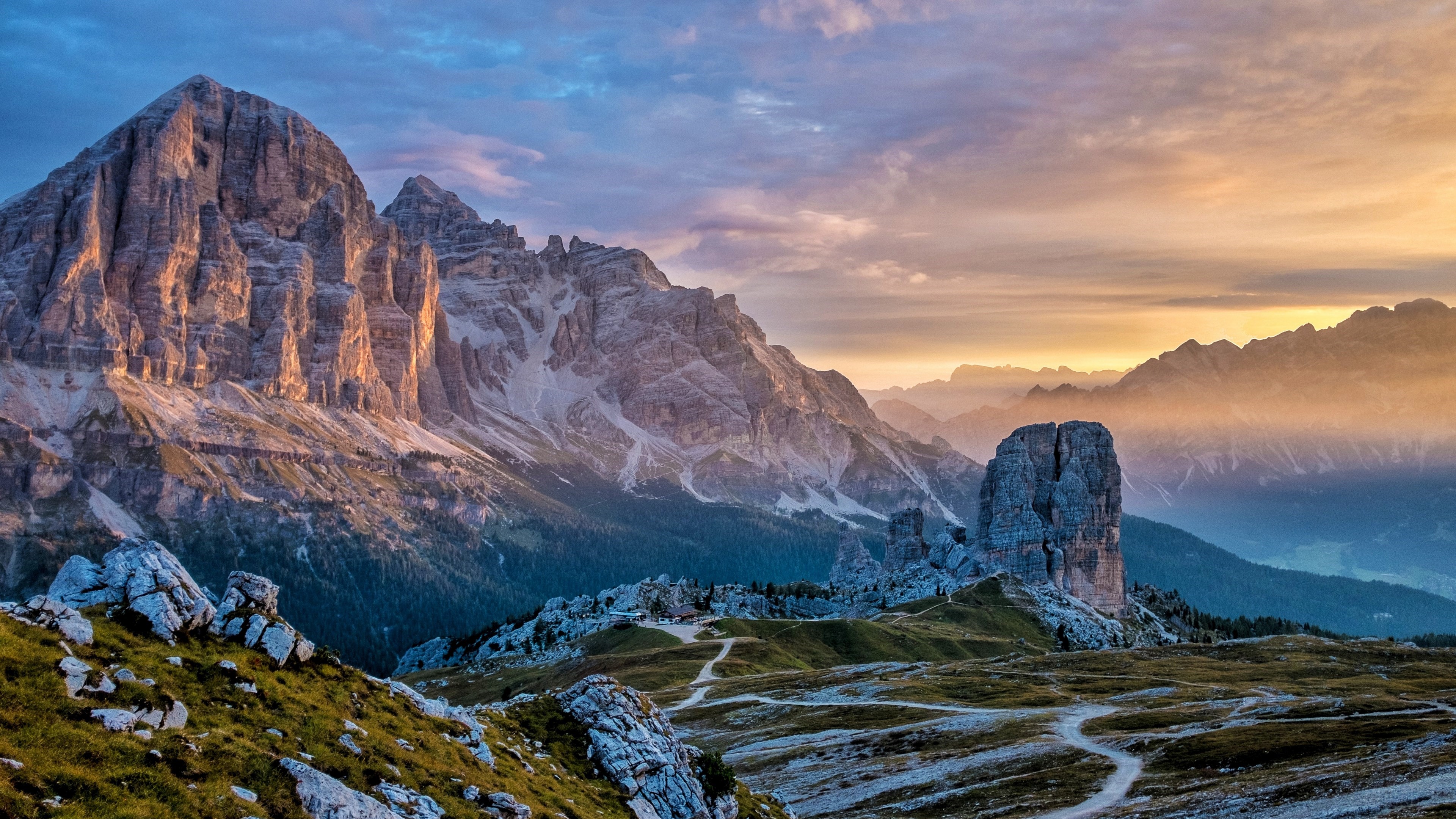 Mountain landscape at sunrise with dramatic peaks HD Wallpaper