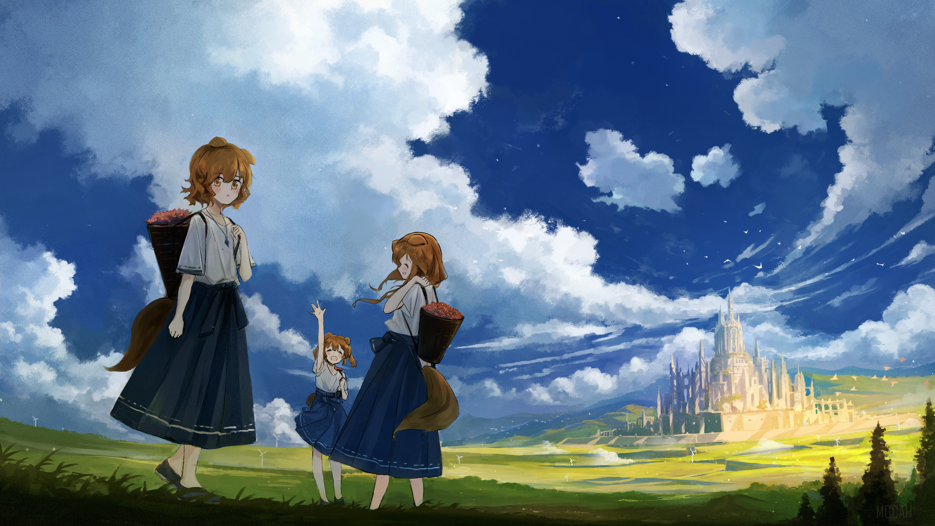 Girls with Baskets and a Castle Landscape 4K HD Wallpaper