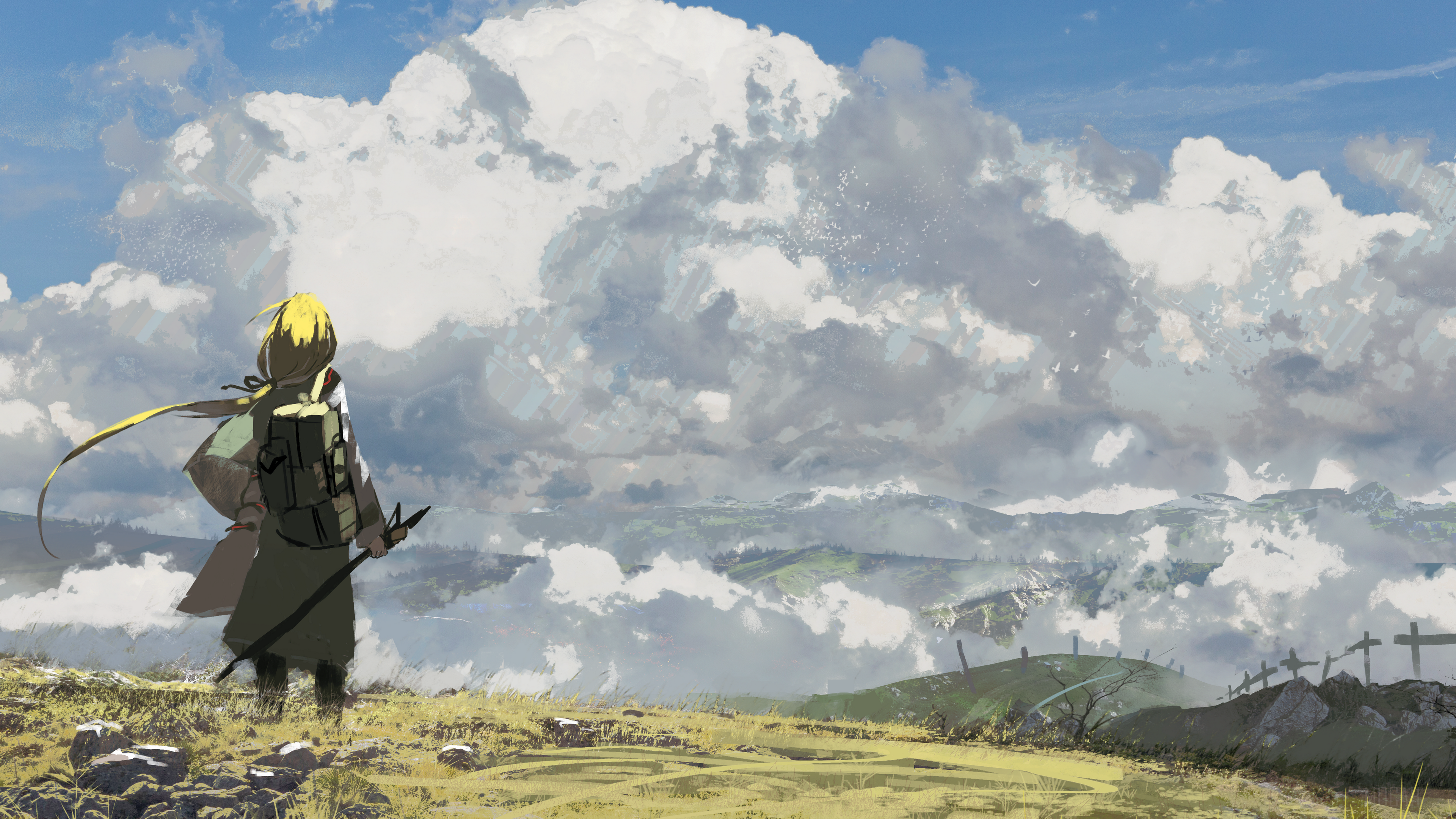 Girl with backpack and staff on a hill overlooking mountains and clouds 4K HD Wallpaper
