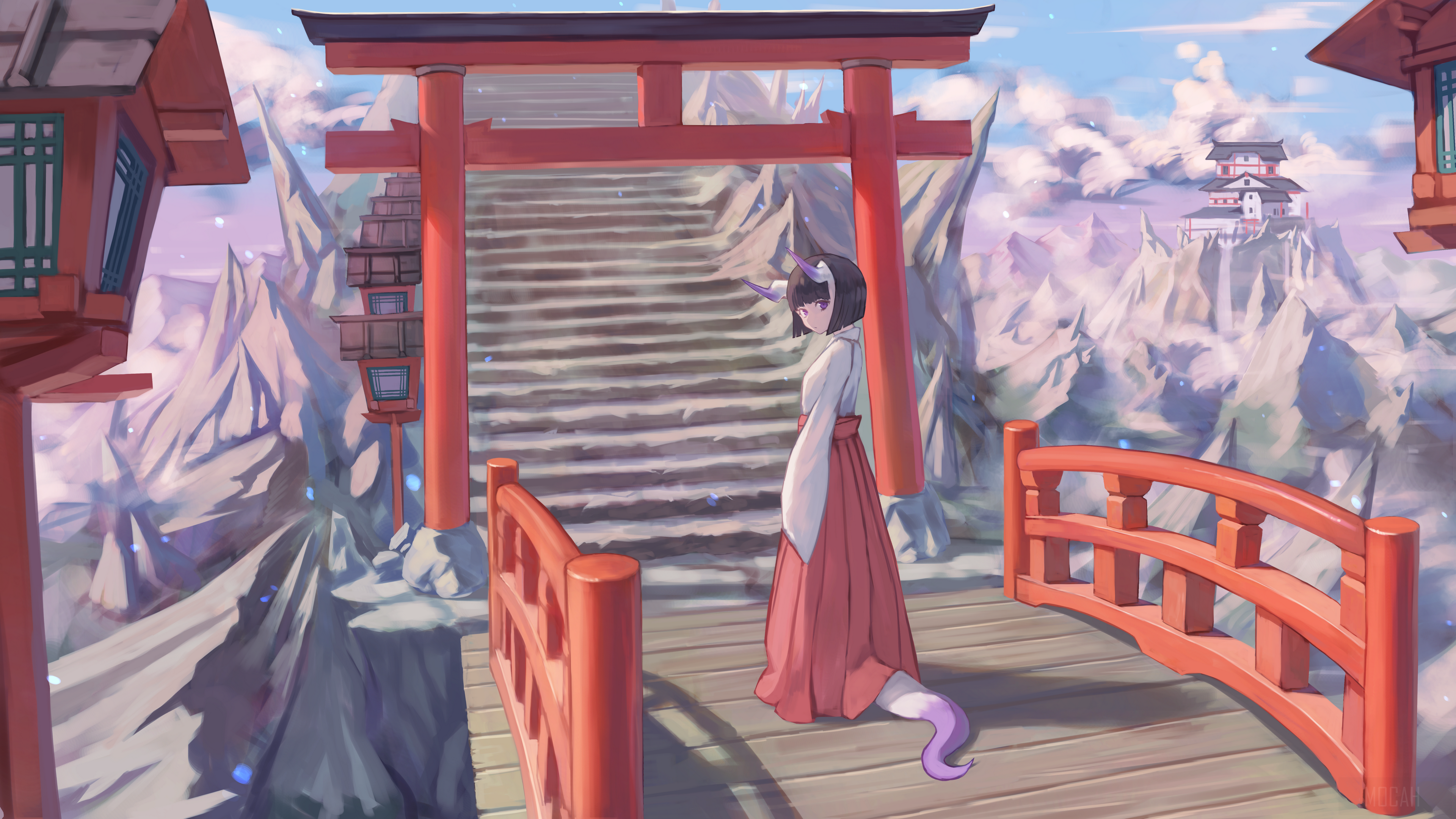Girl with horns and tail on a mountain path HD Wallpaper