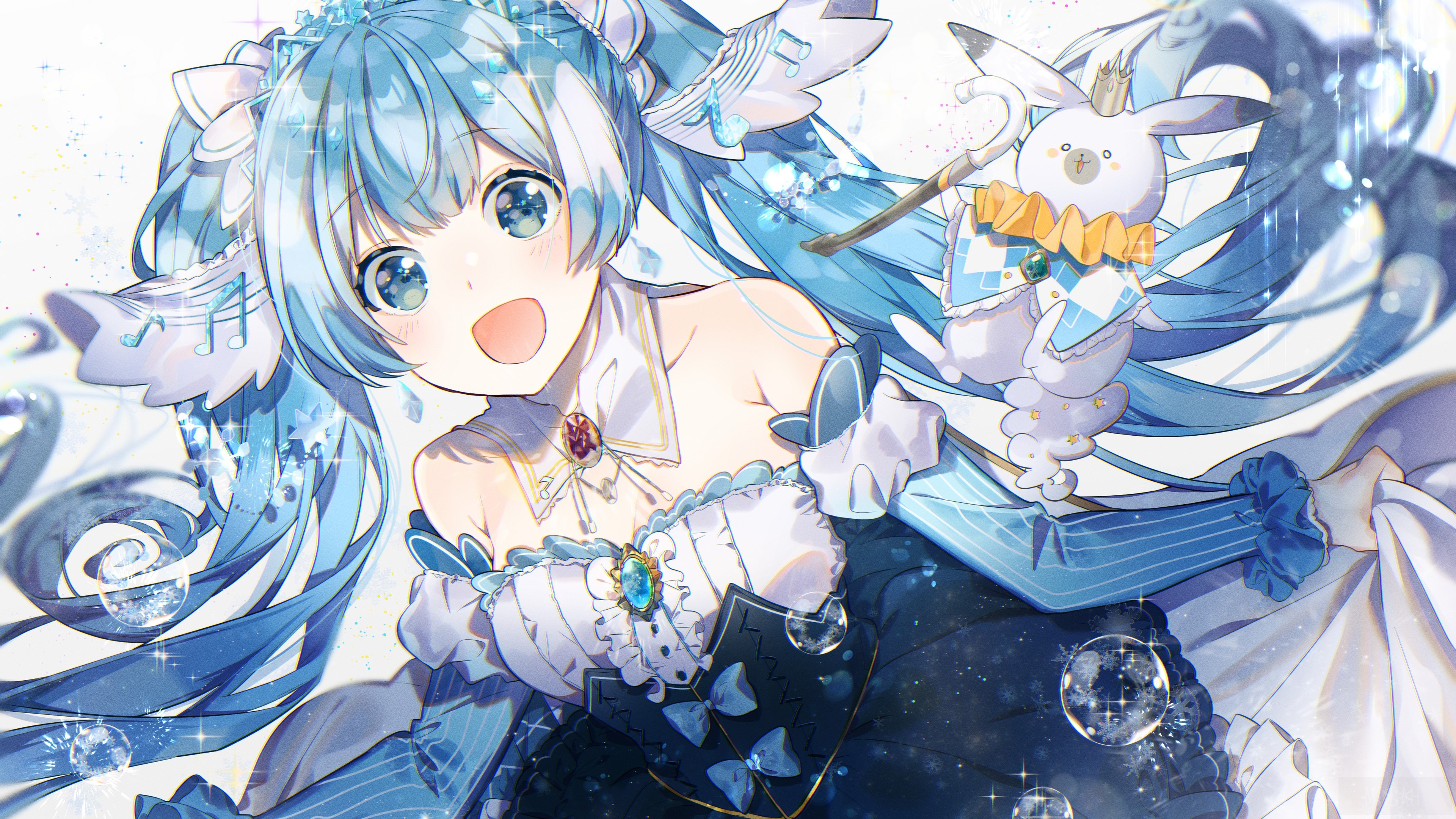 Hatsune Miku Joyful Pose with Blue Theme 4K HD Wallpaper