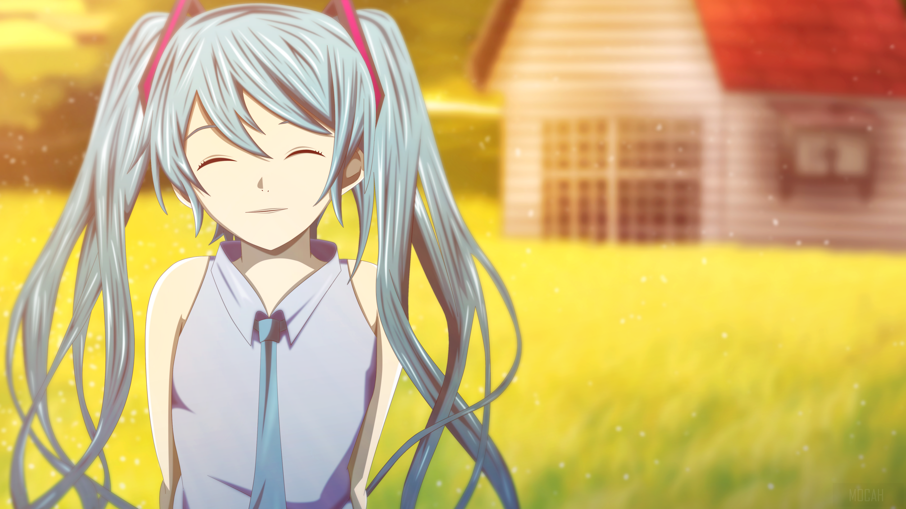 Hatsune Miku from Vocaloid smiling in a field 4K HD Wallpaper