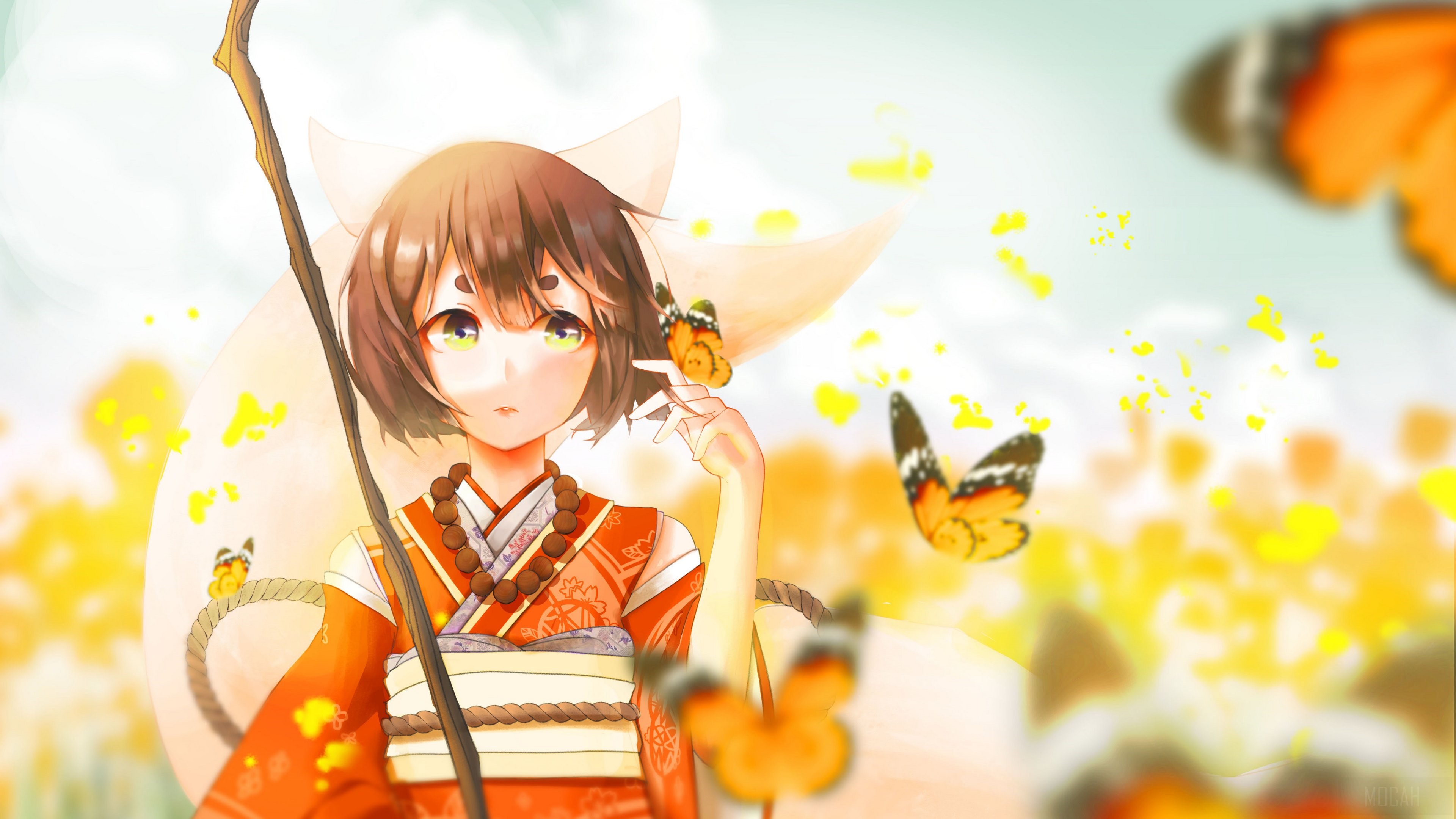 Girl with Fox Ears and Butterflies 4K HD Wallpaper