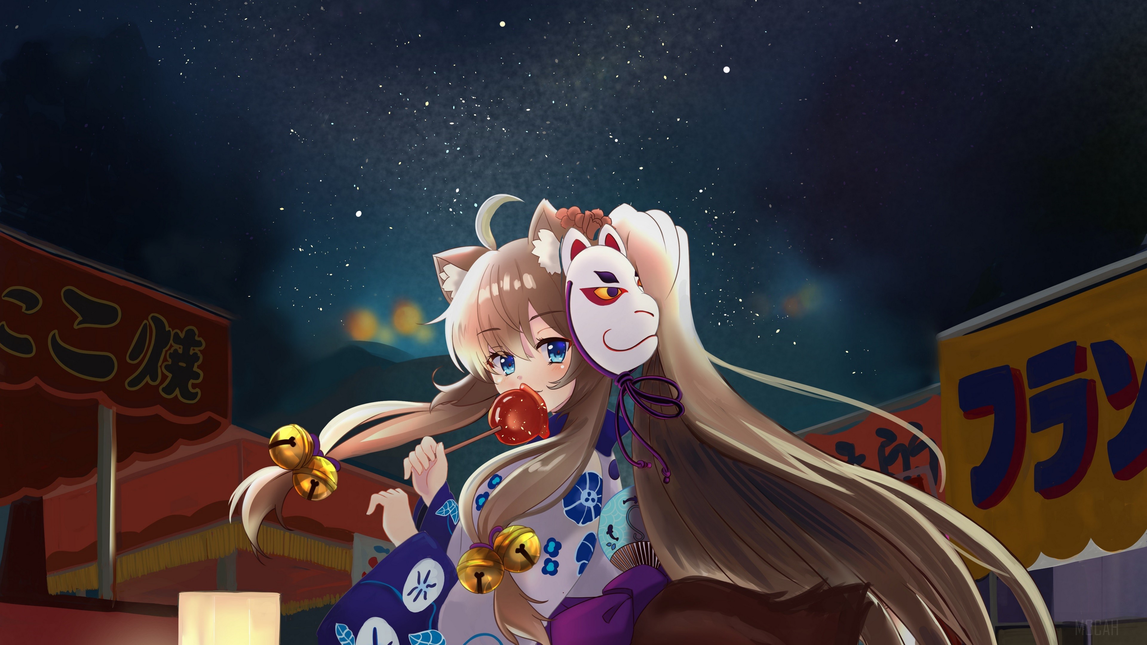 Anime girl with fox ears and mask at festival HD Wallpaper