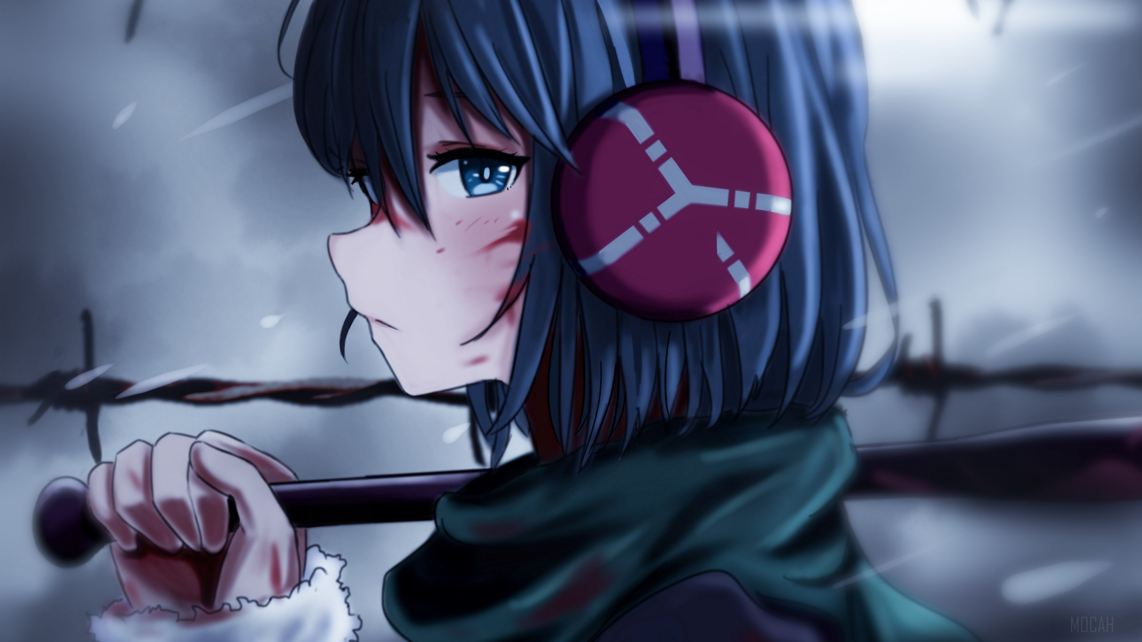 Girl with headphones and baseball bat in snow HD Wallpaper