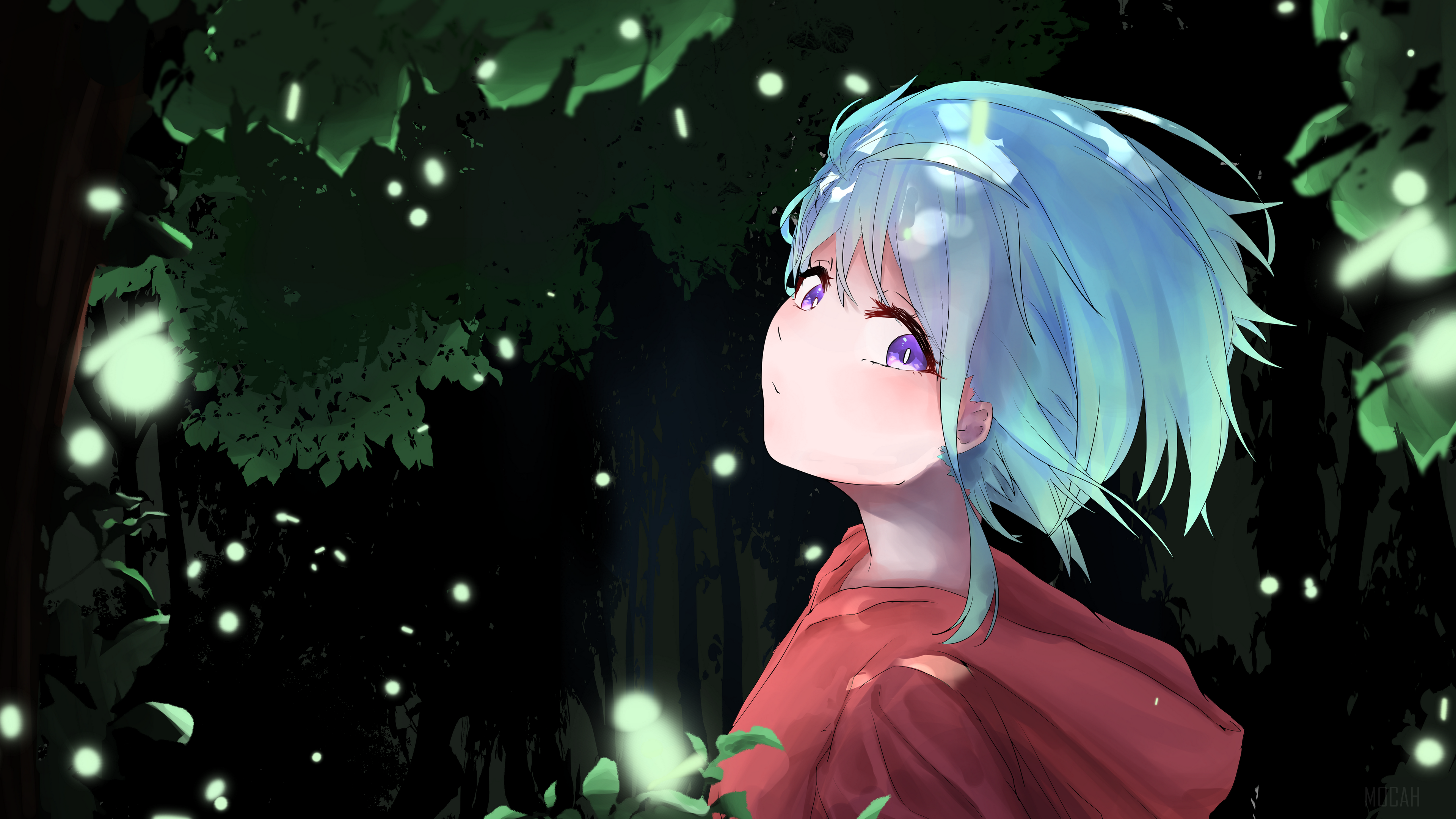 Girl in a red hoodie in a forest with fireflies HD Wallpaper