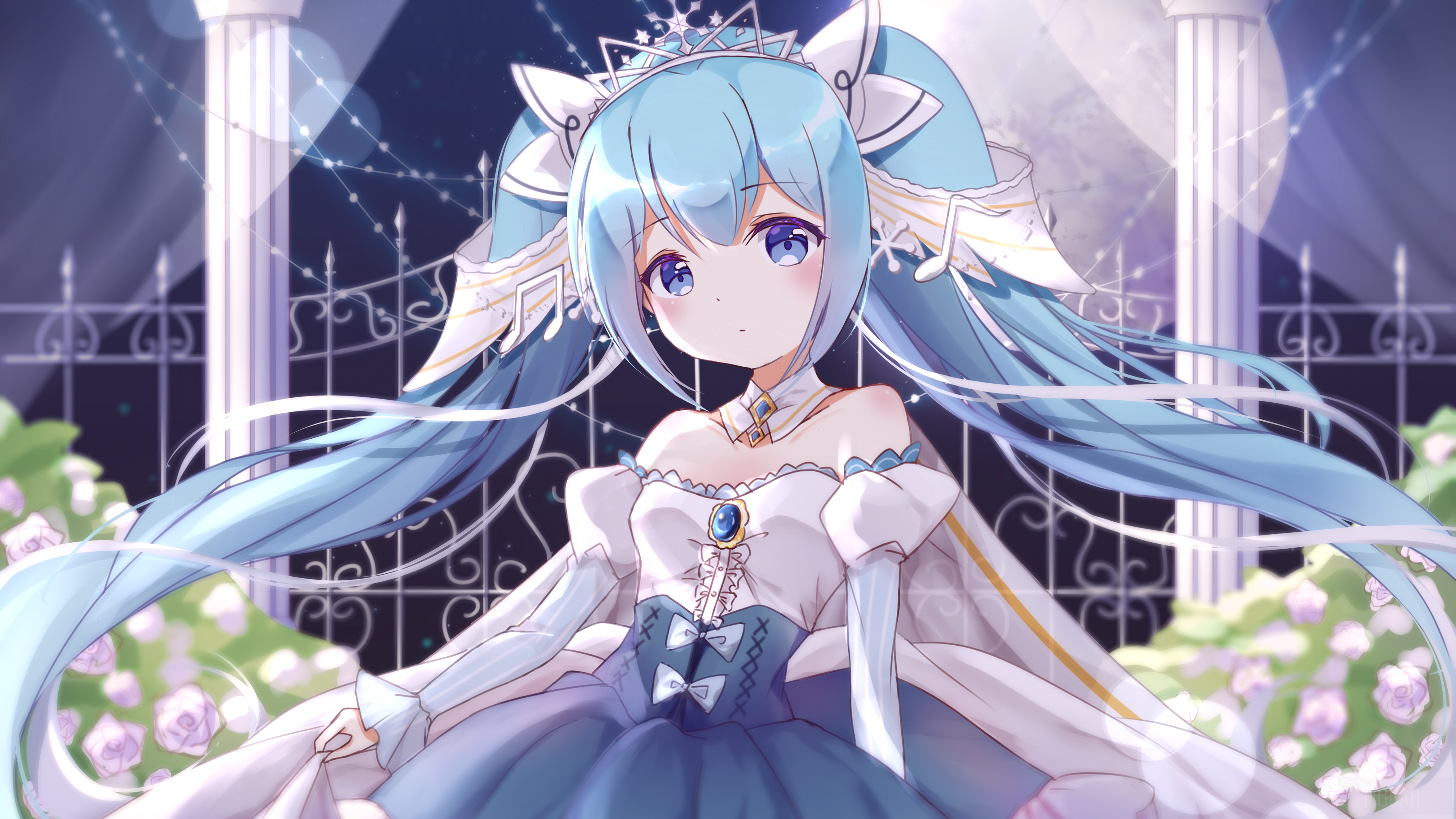 Hatsune Miku in a white and blue dress HD Wallpaper