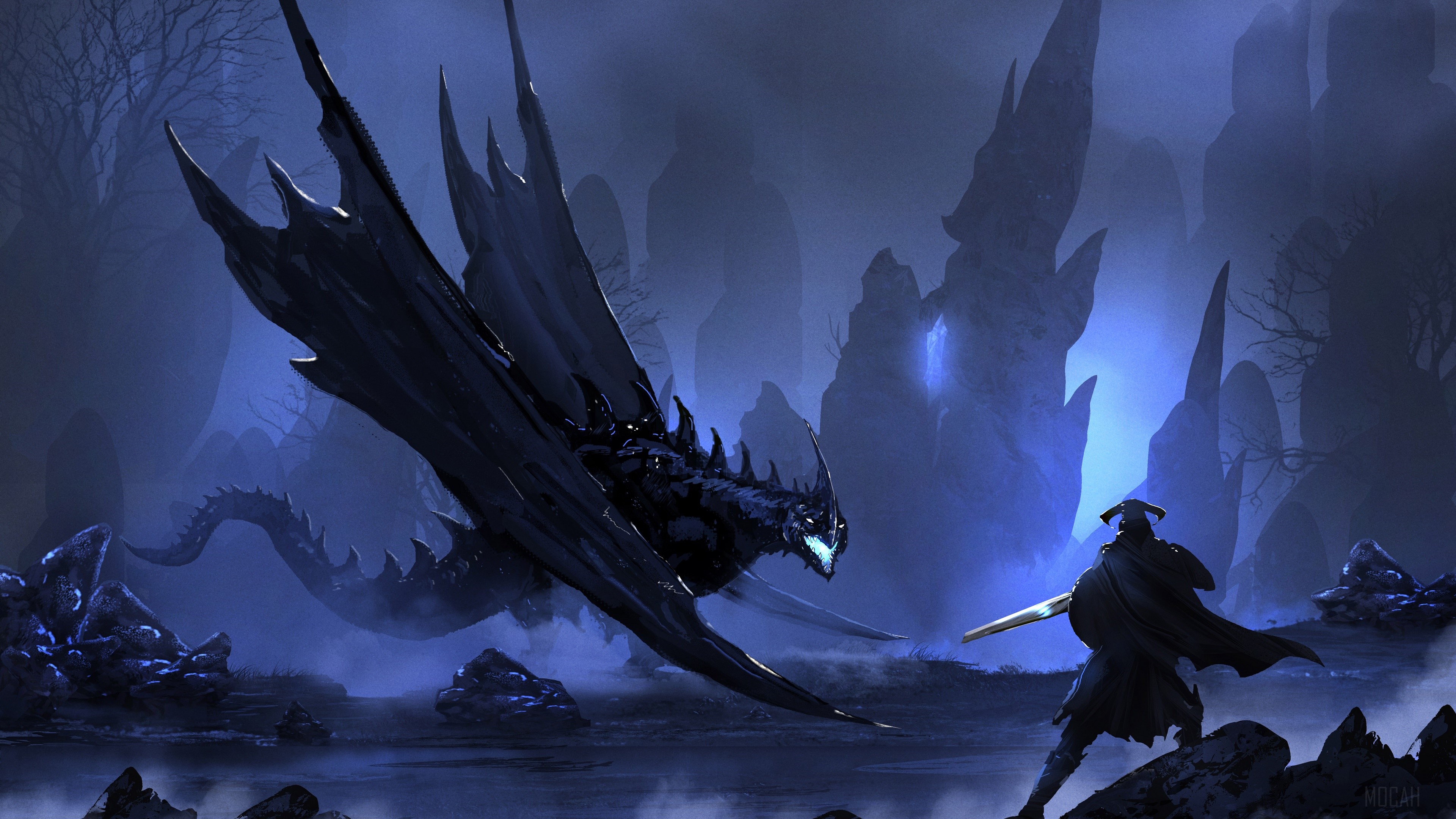 Dragon confronting a warrior in a dark landscape HD Wallpaper